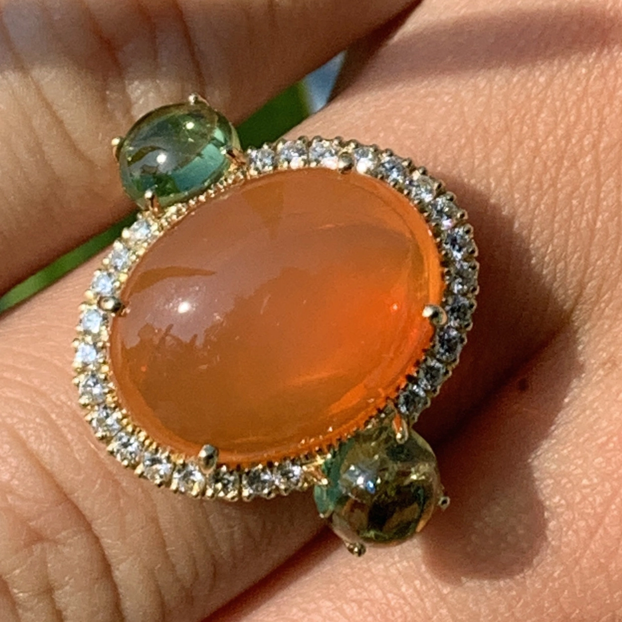Fireopal Turmalin Ring 18 kt Yellowgold made in Valenza Springcolors