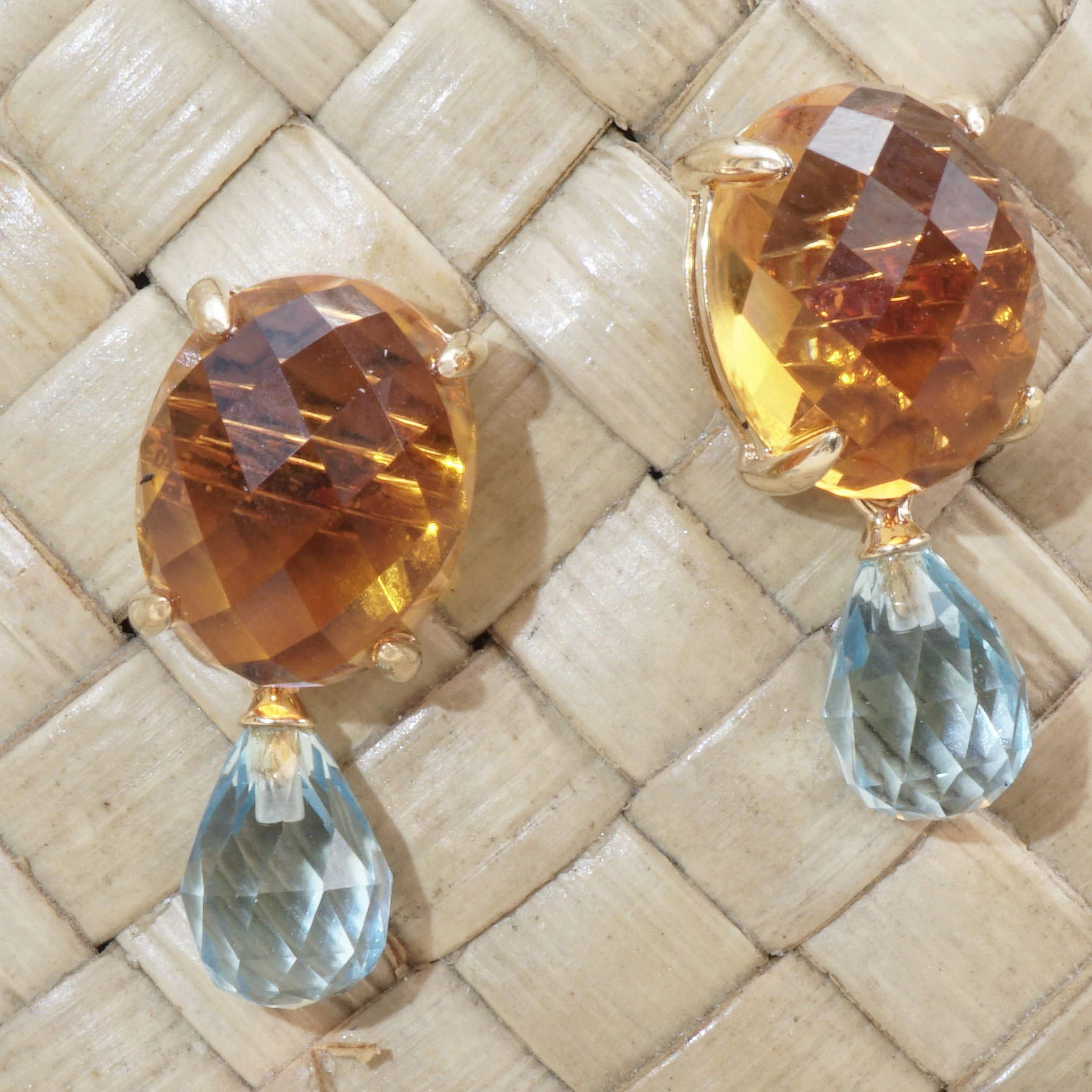 Citrine Blue Topaz Earrings 14 kt Yellowgold....Sky and Sun