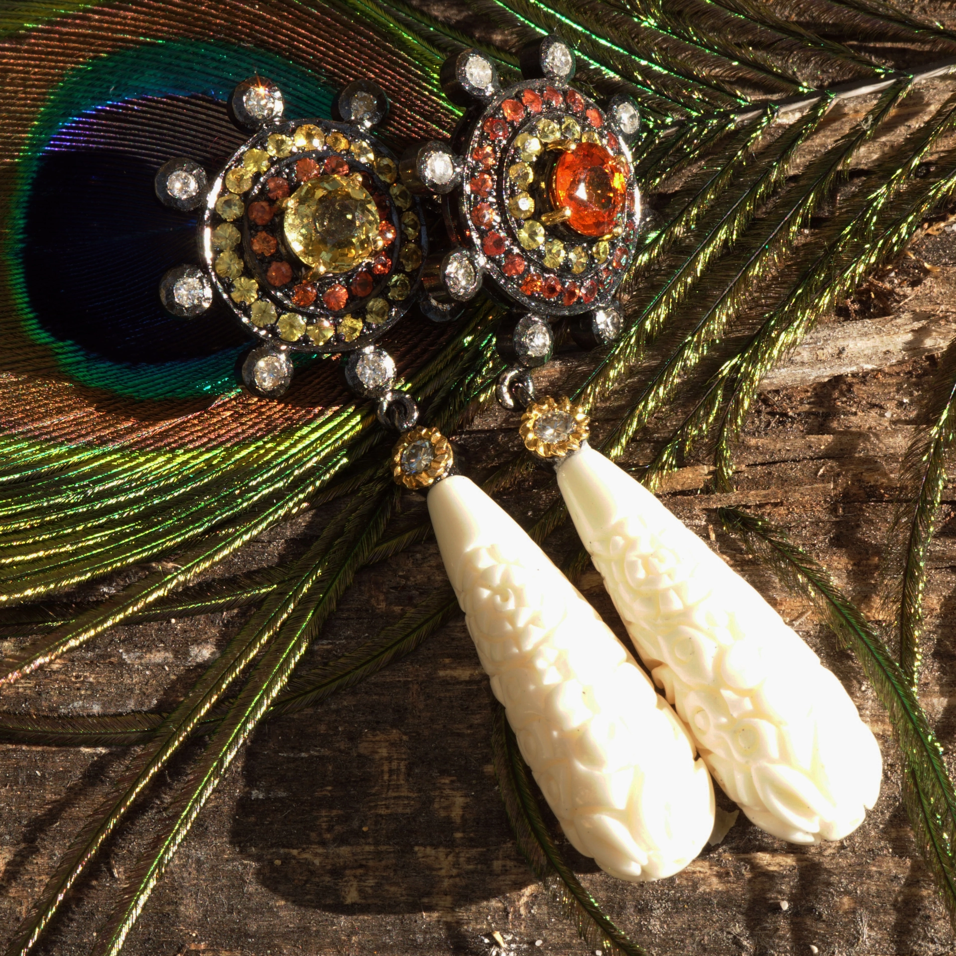 Padparadscha saphire  carved bone magnificent jewelry a thousand and 1 night tale