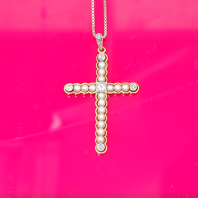 Antique Jewellery Cross Pearl Brilliant Pendant with Chain 585 White Gold Yellow Gold around 1900
