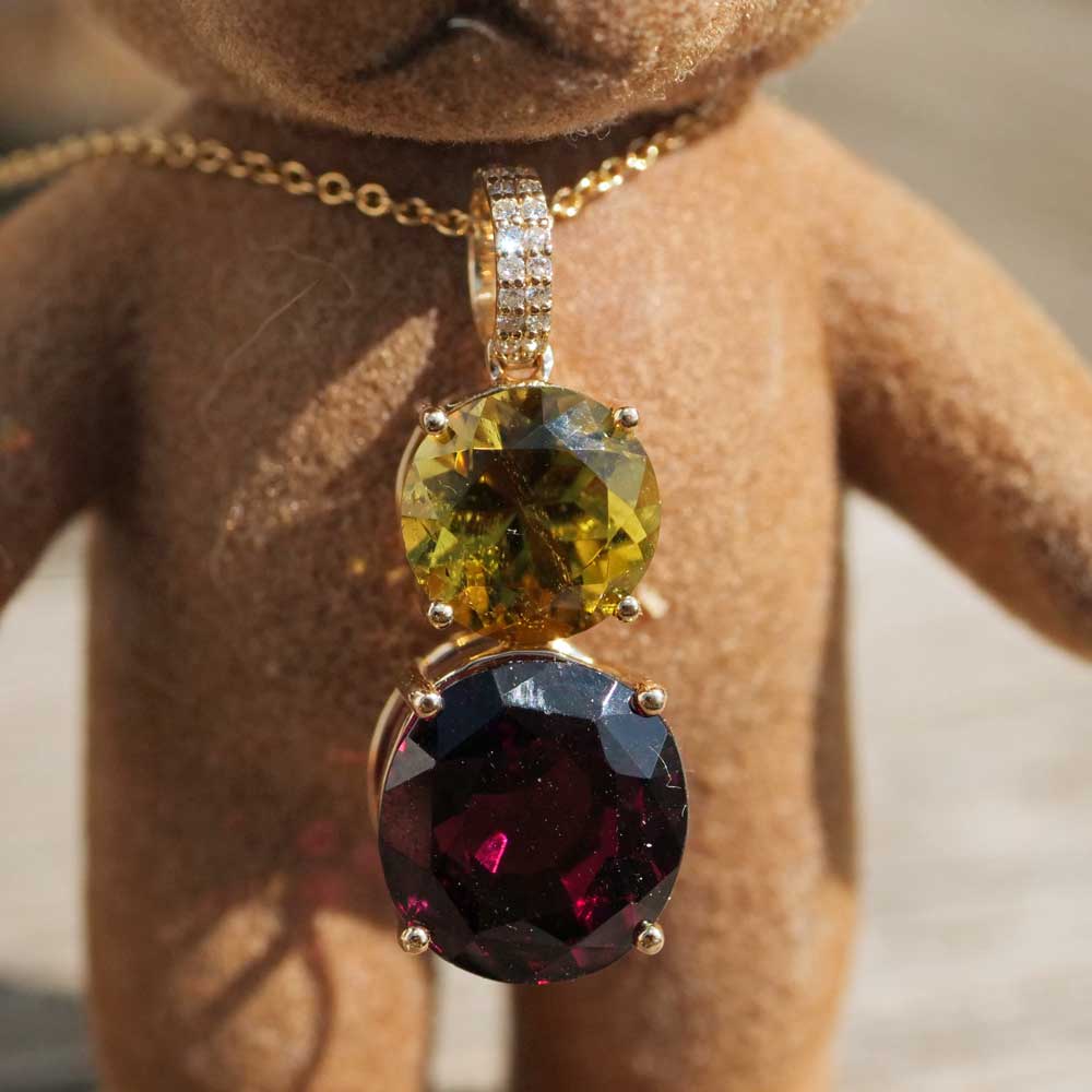 Canary Tourmaline Rhodolite Brilliant Pendant 585 Yellow Gold yellow red...colorful Garnet Tourmaline Duet