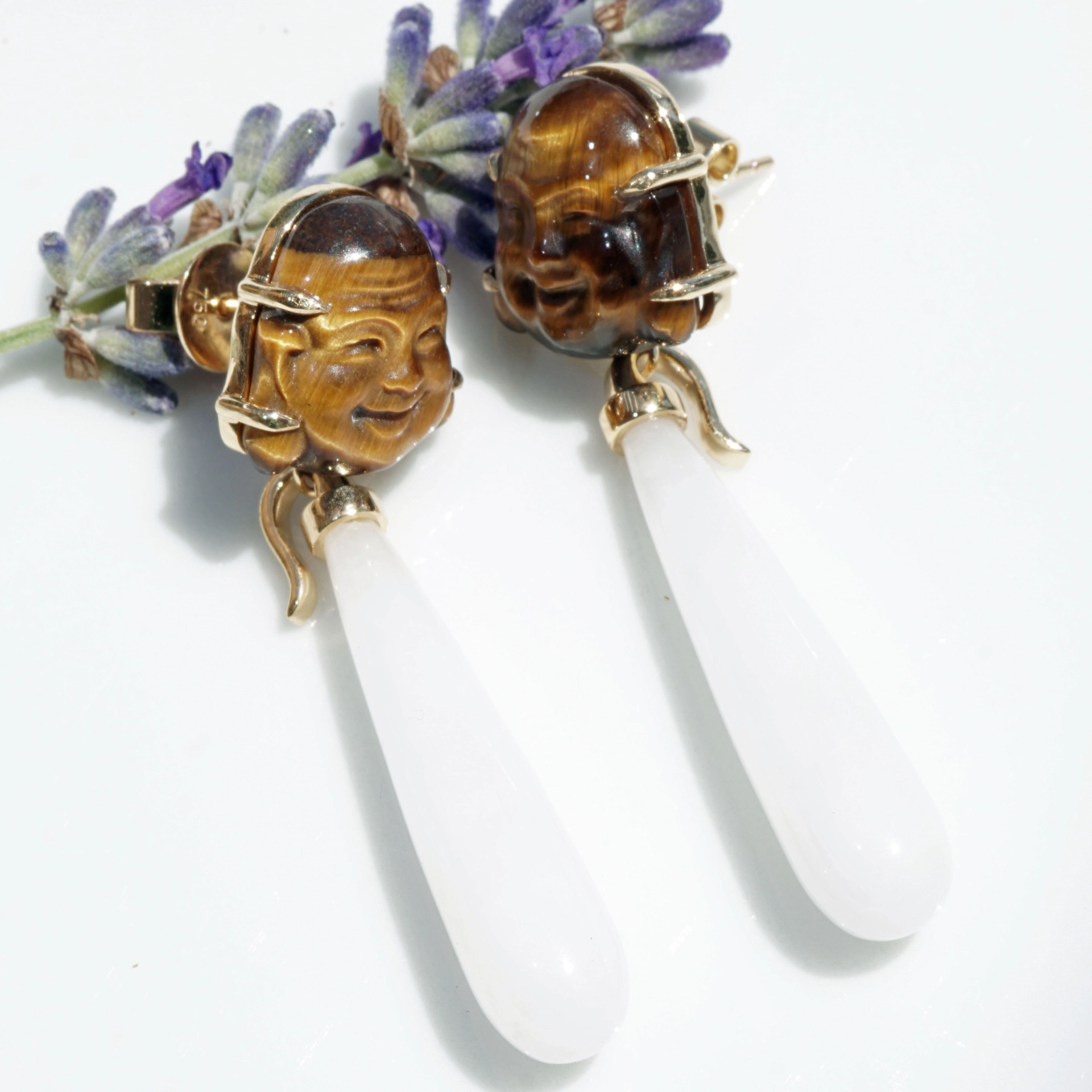 Cacholong Tiger Eye Buddha Head Earrings 18 kt Yellow Gold...makes happy