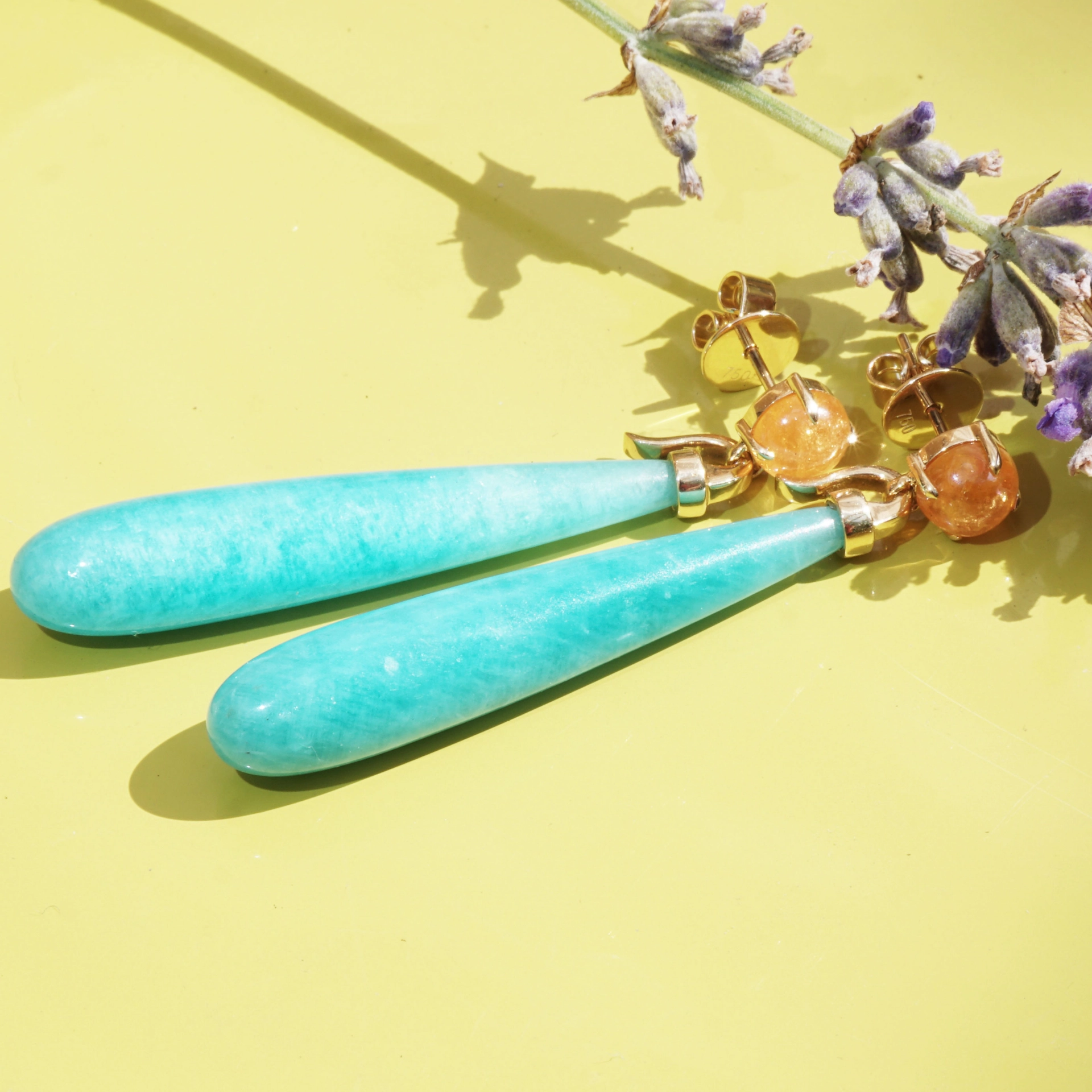 Mandarin Garnet Amazonite Earrings 18 kt Yellowgold...such a Fun 
