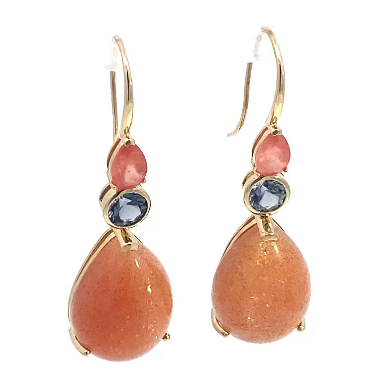 Rhodochrosite Spinel Sunstone Drop Earrings in 585 Yellow Gold... refreshingly different colors in orange and pink