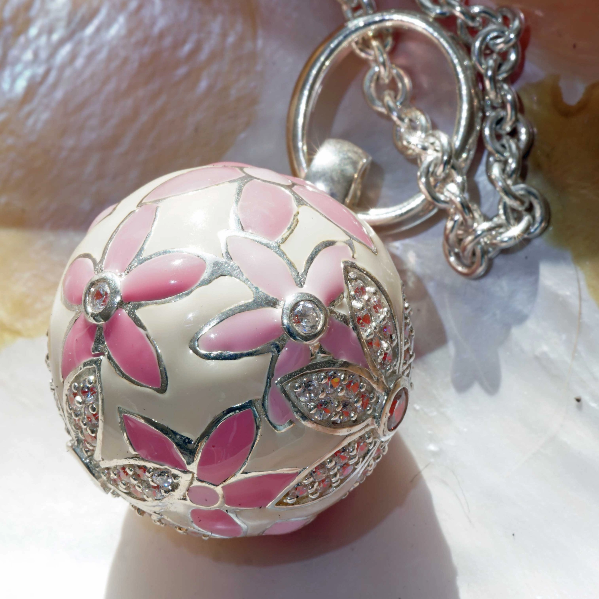 Chilango Pendant Faberge Style  pink Flower with Circonia 925 Silver Enamel