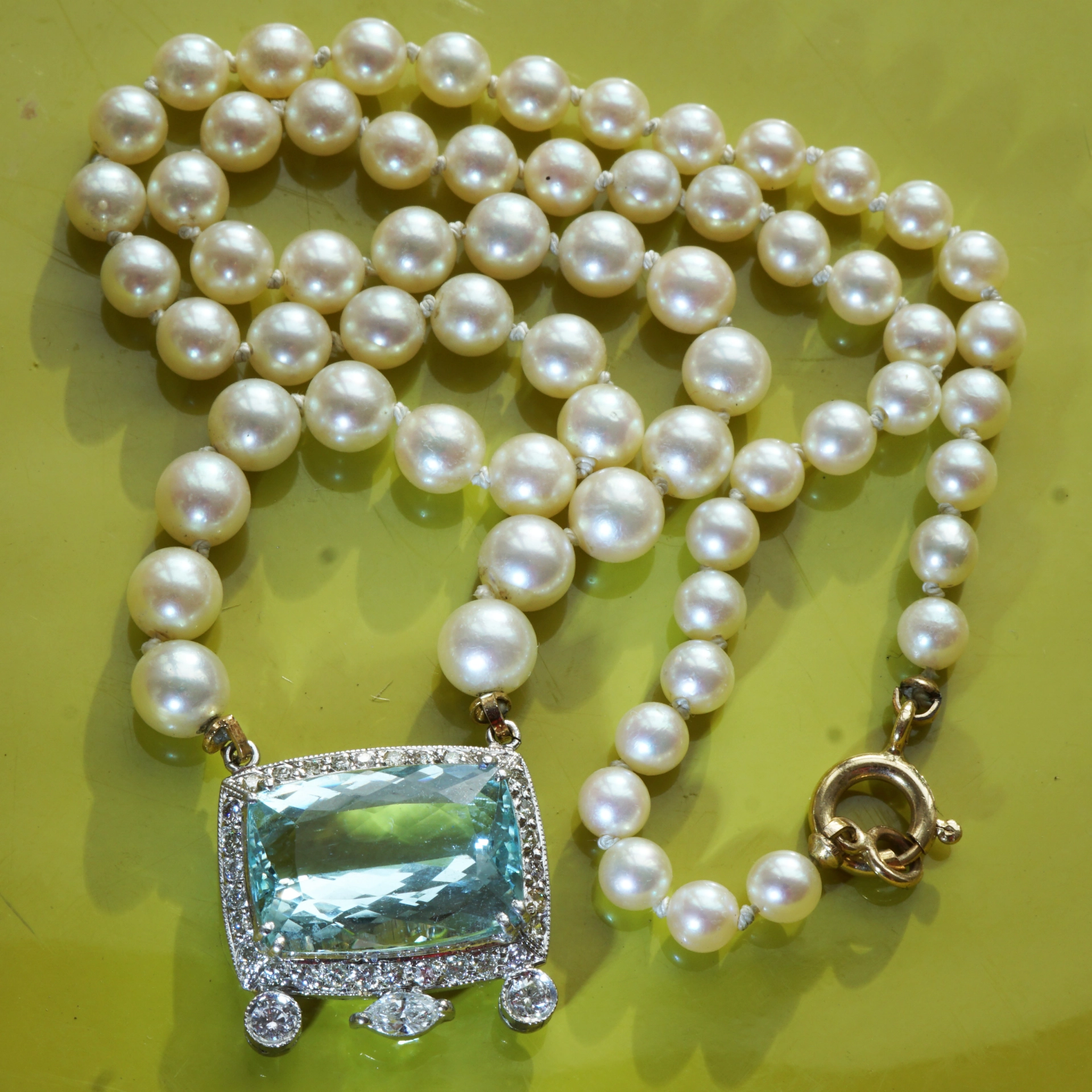 Topaz Brilliant Diamond Navette Necklace 750 White Gold fine Akoya pearls...festive
