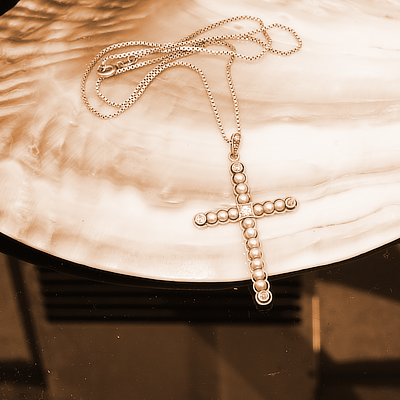 Antique Jewellery Cross Pearl Brilliant Pendant with Chain 585 White Gold Yellow Gold around 1900