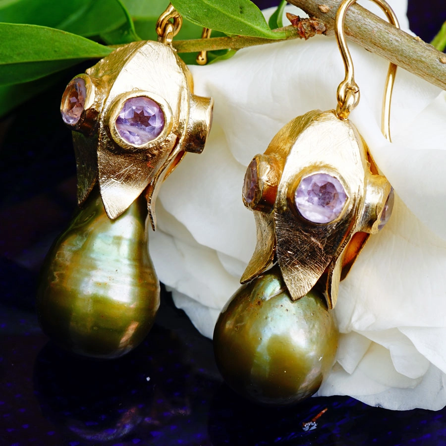 Ohrhänger mit Amethysten in Silber/vergoldet, Hacken in 585er Gelbgold