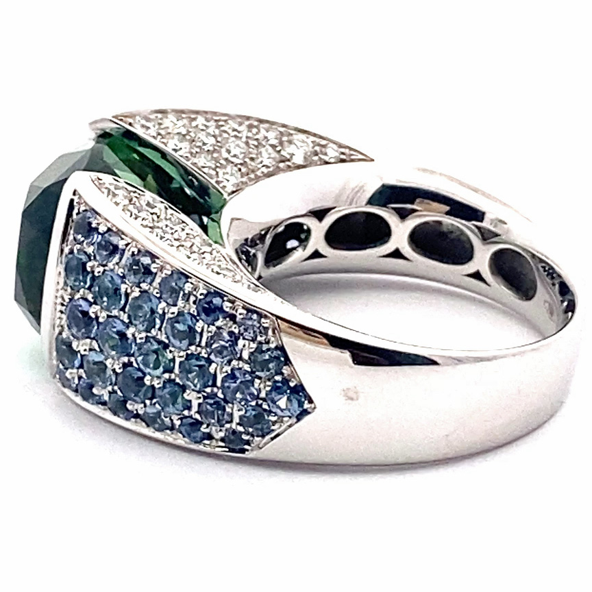 Lagoon Green Turmalin Saphire Brilliant Ring 18kt Whitegold Afghanistan AAA+ 