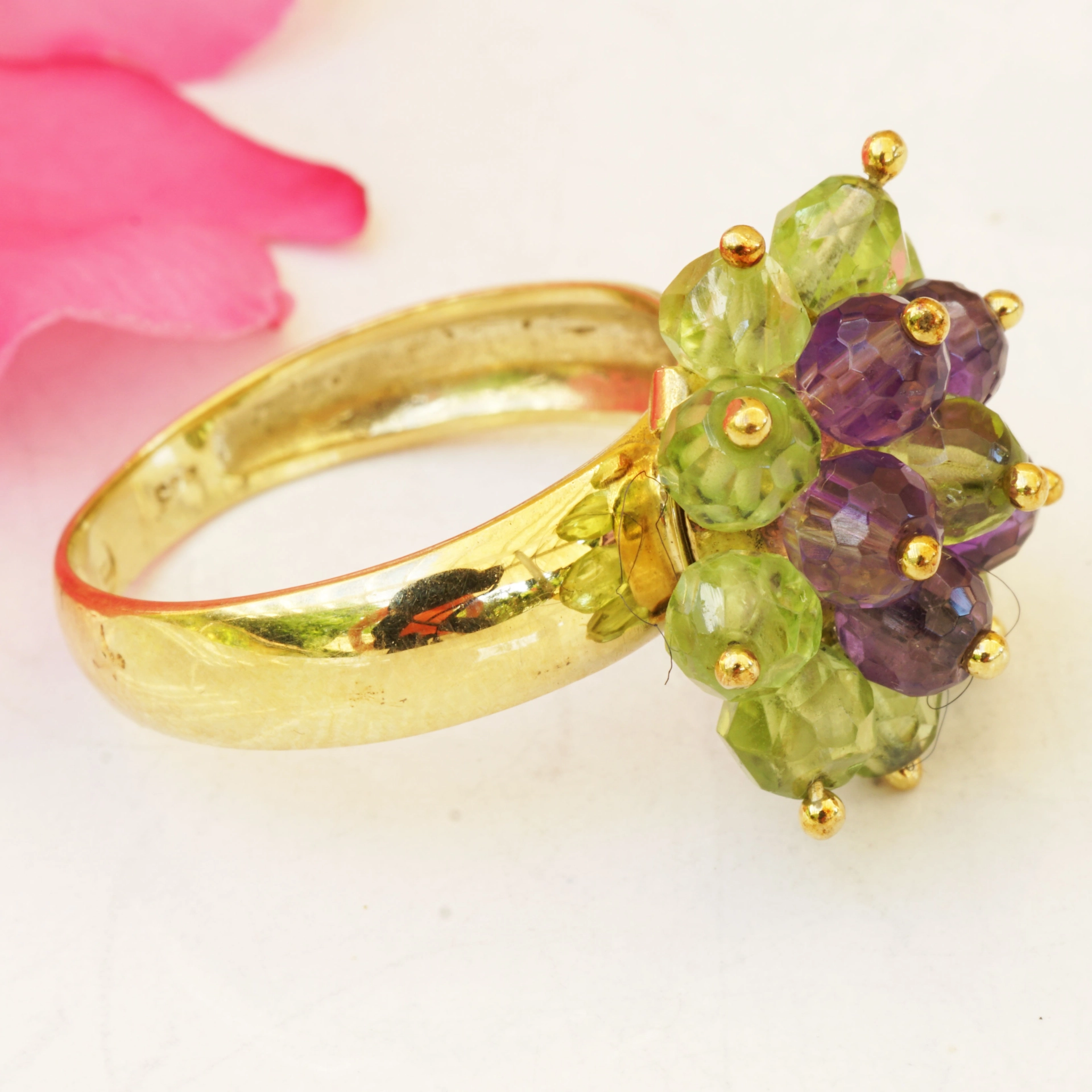 Ohrstecker Ring Set Peridot Amethyst 585er Gelbgold Vintage 60er Jahre Blütendesign ausgefallen