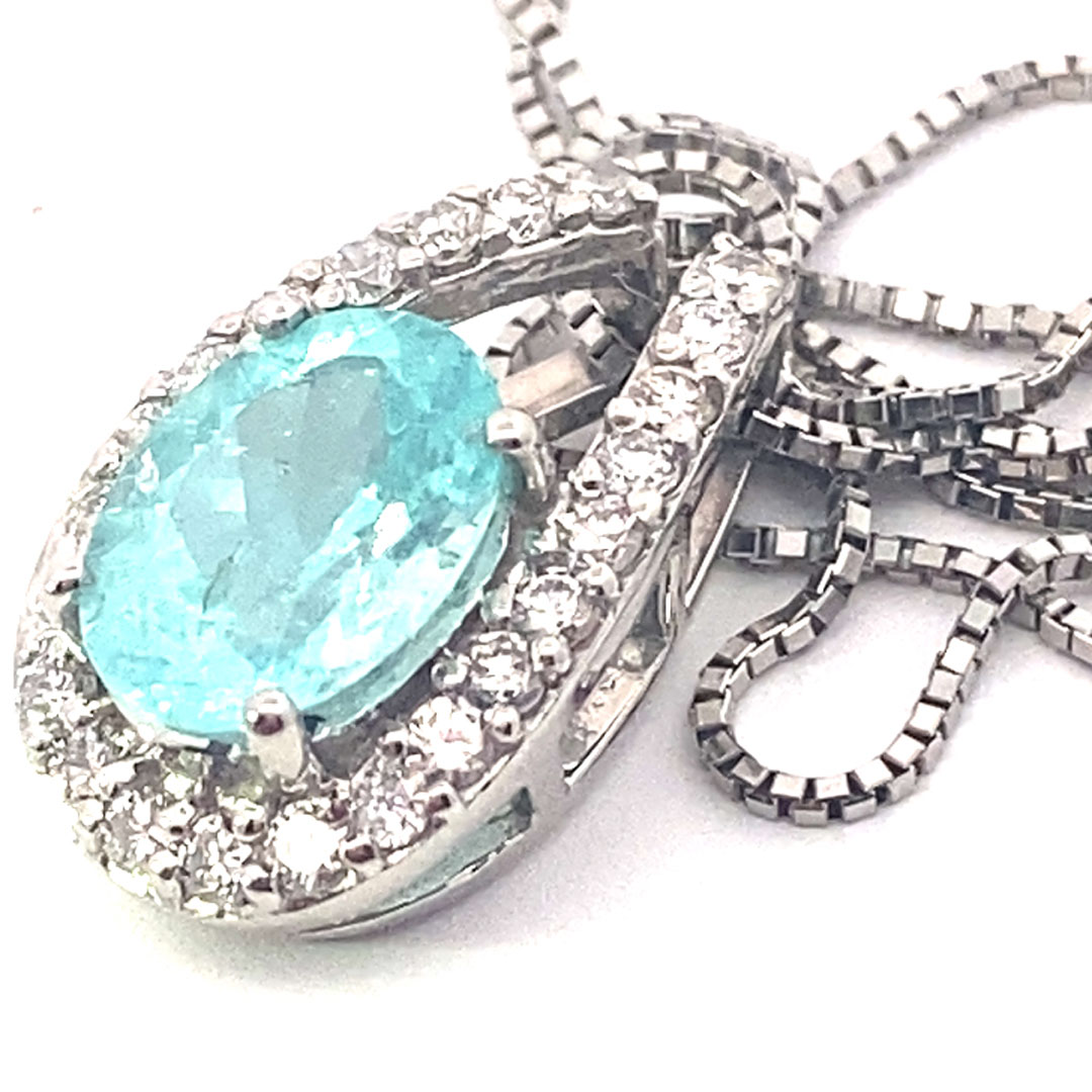 Paraiba Tourmaline Pendant in 900 Platinum with Chain 1.22 ct 0.28 ct Luminous Swimming Pool Turquoise Blue