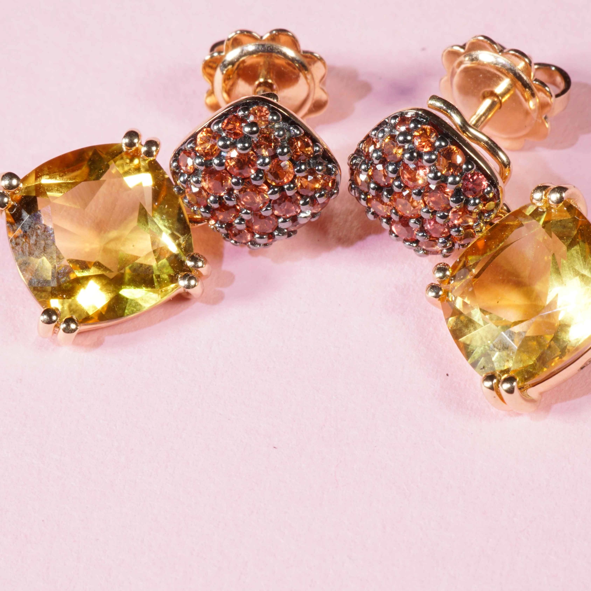 Yellow Citrin and orange Saphire Rosegold Earrings....stunning Kombination 