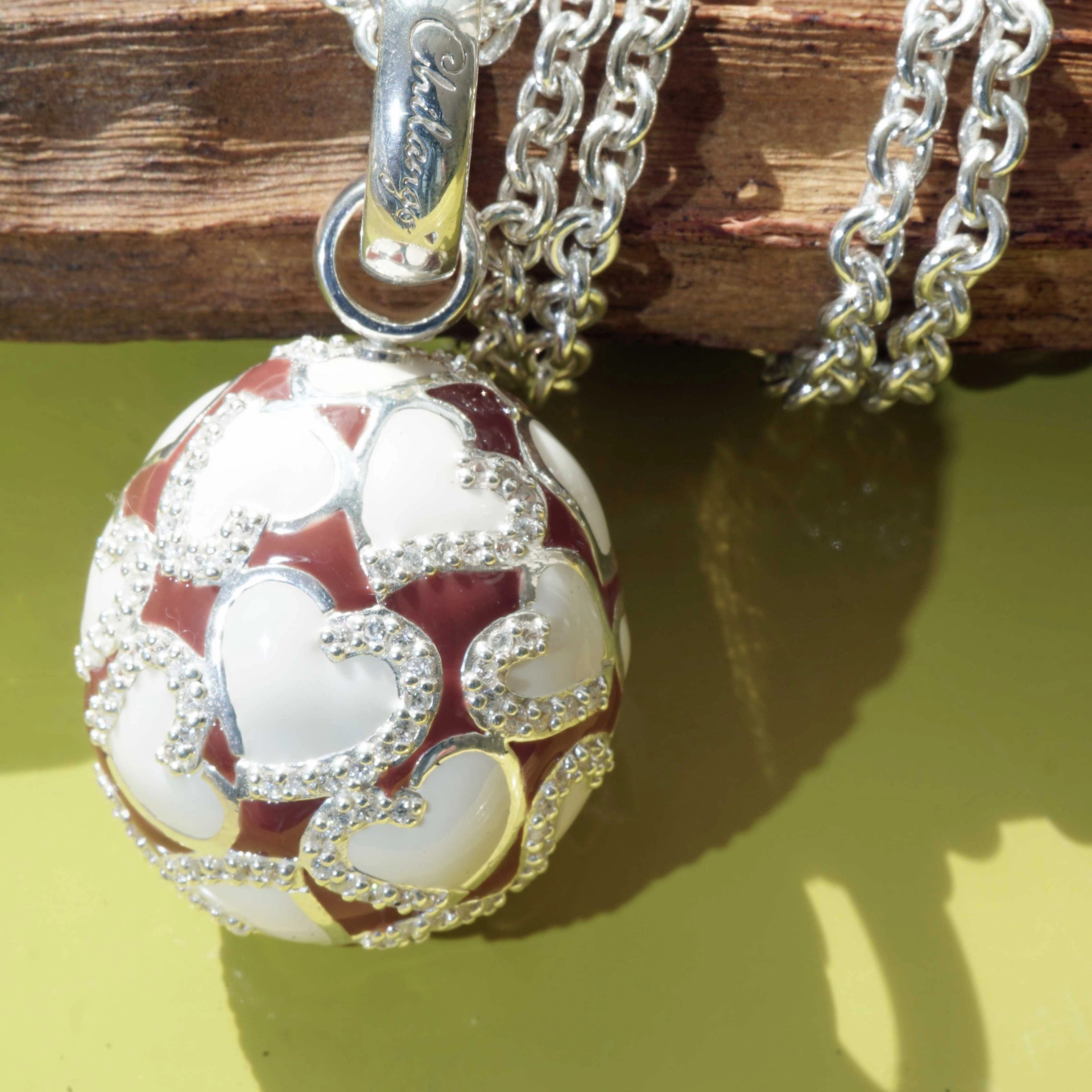 Chilango Pendant Faberge Style Heart red-brown 925 Silver Enamel