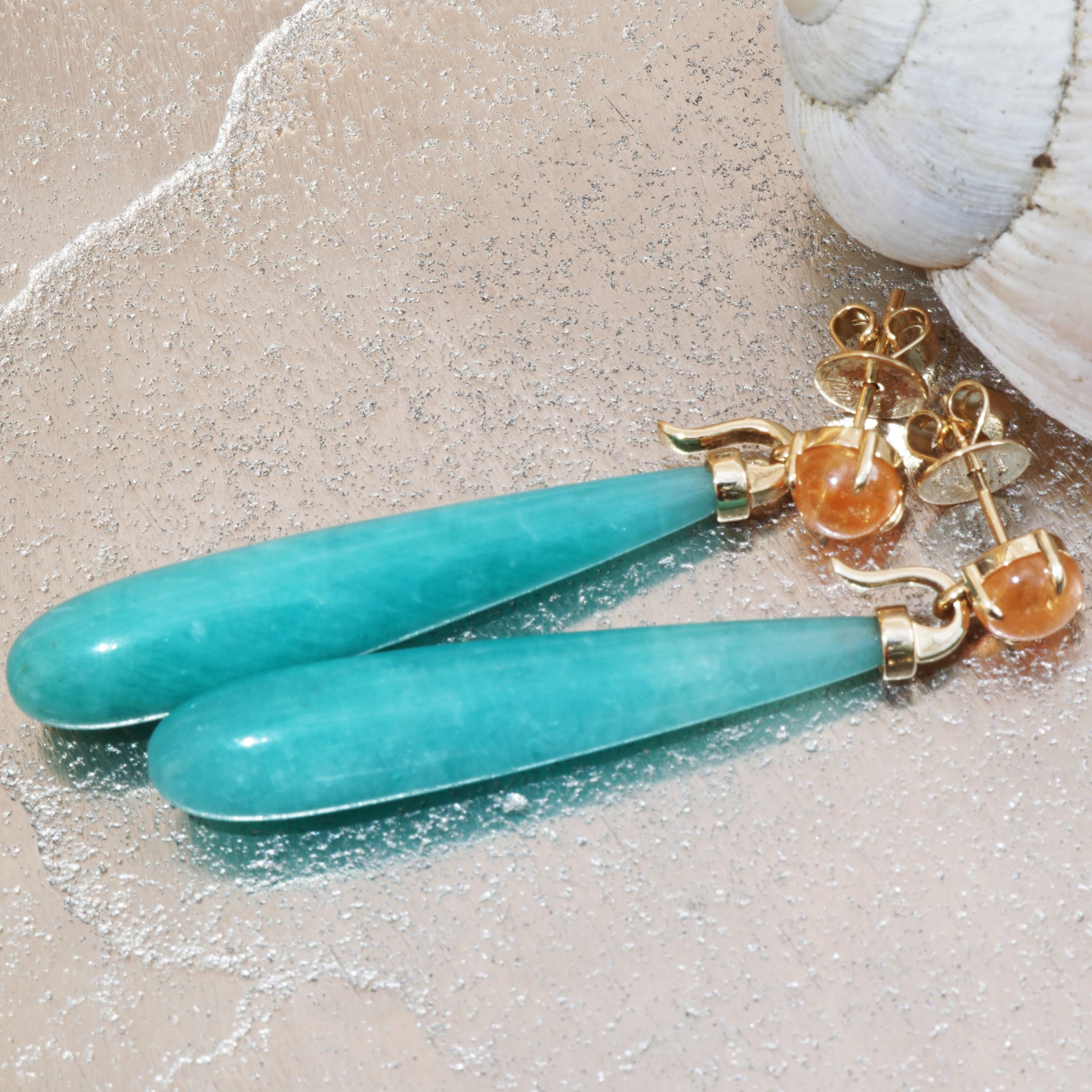 Mandarin Garnet Amazonite Earrings 18 kt Yellowgold...such a Fun 
