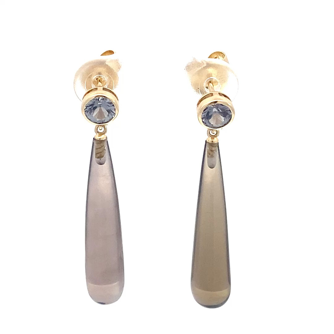 Spinel Smoky Quartz Stud Earrings in 585 Yellow Gold... long samples flatter your face