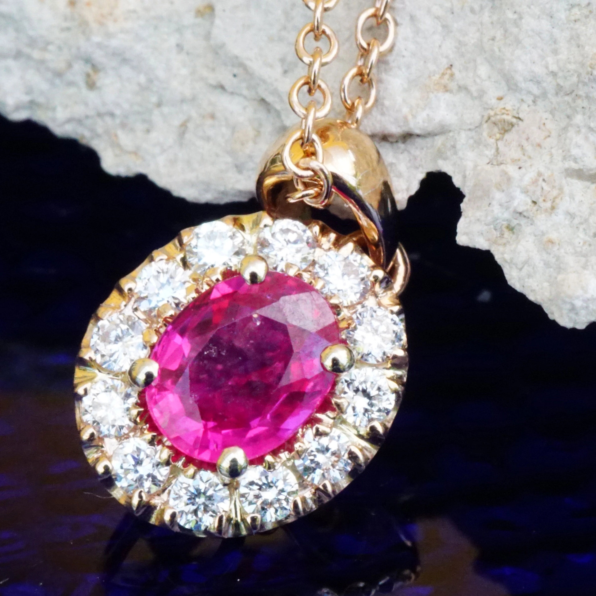 Ruby Diamond Pendant with Chain 18 kt Rose Gold.....the sweetest forever