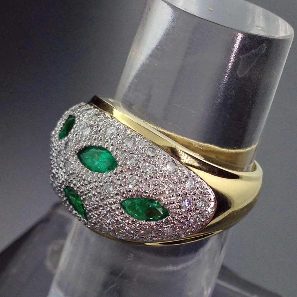 Emerald Brilliant Ring 750 Yellowgold 900 Platinum Tiger Eye poisongreen