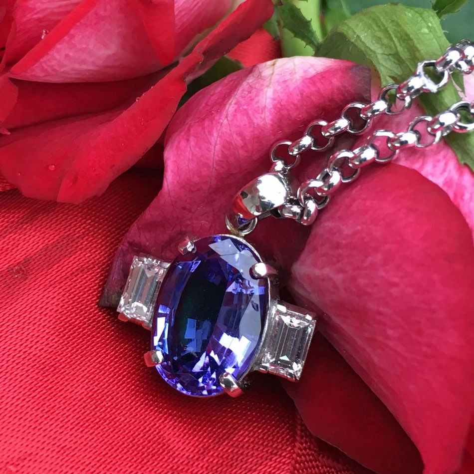 Tansanit-Brillant-Anhänger mit Kette, 900er-Platin-4,80 ct