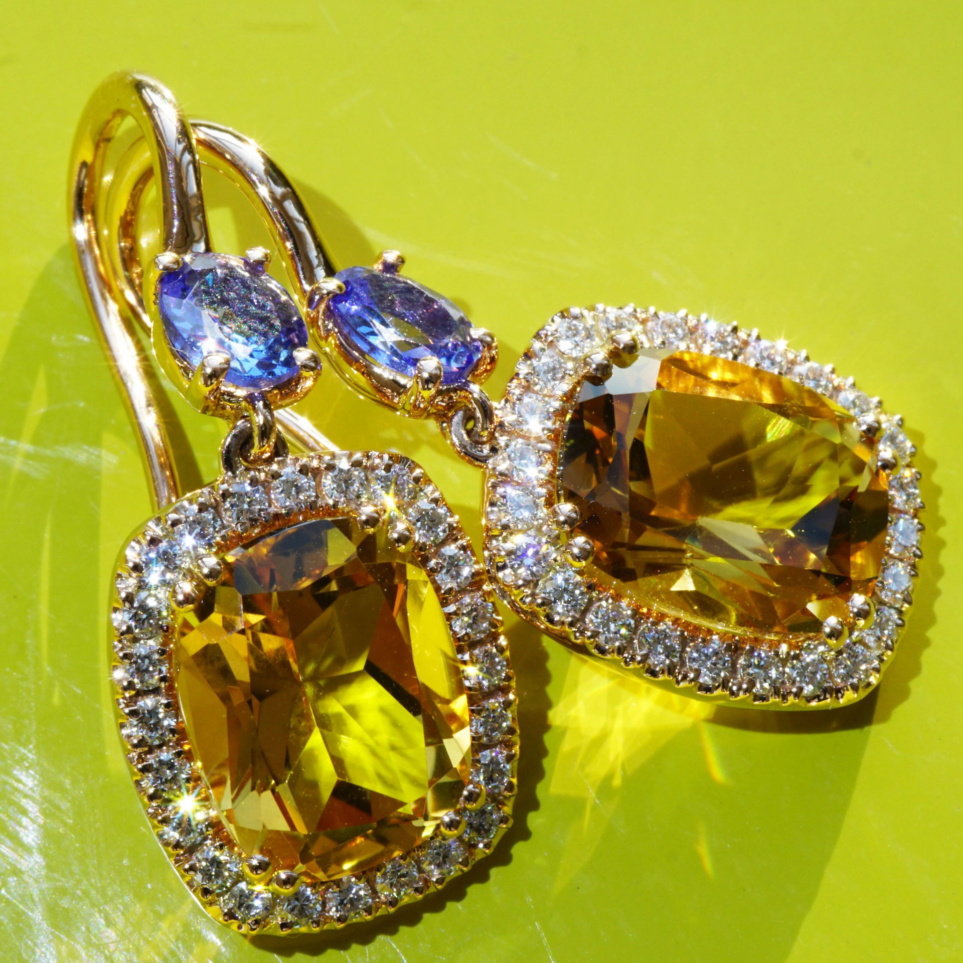 Tanzanite Citrine Earring with Brilliants 18 kt Rose Gold....High Quality Jewellery