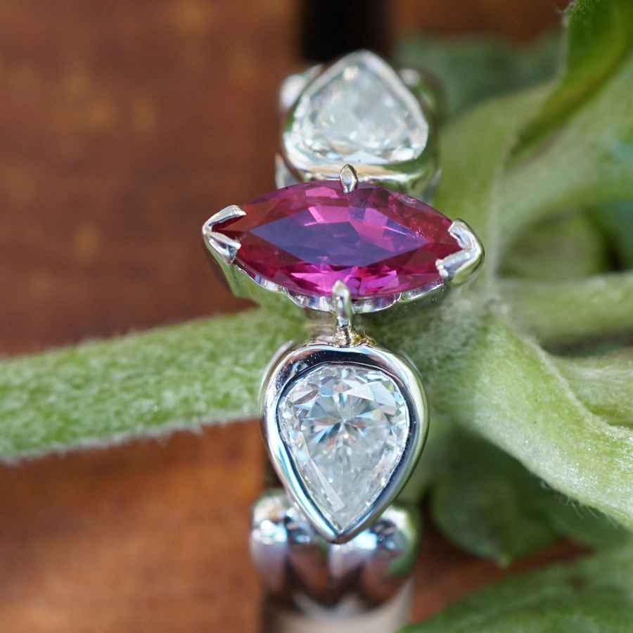 Ruby Brilliant Drop Ring in 900 Platinum AAA 0.96 ct 2x 0.465 ct W flawless