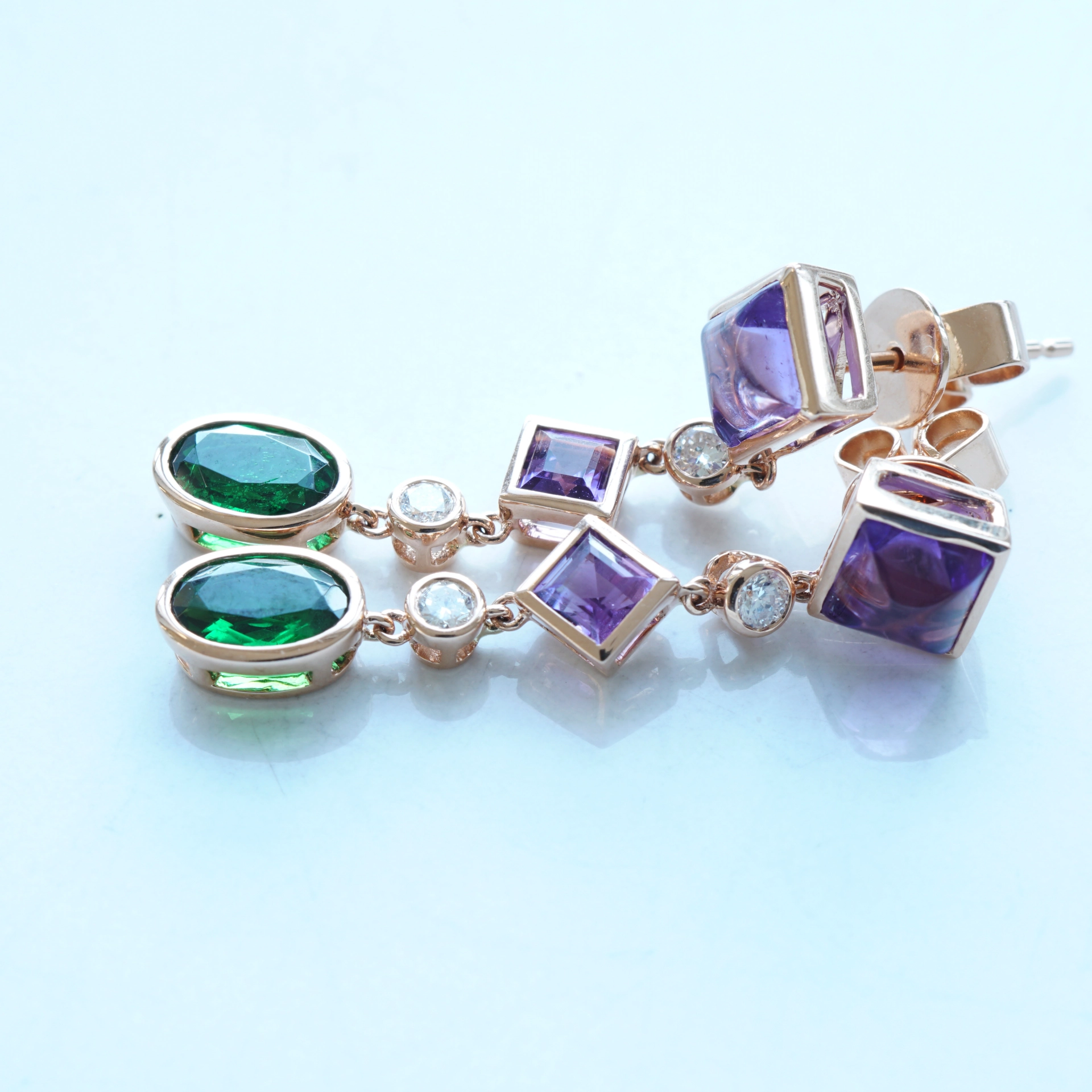 Amethyst Diopsid Diamonds Earrings 18 kt Rosegold...Dragonia