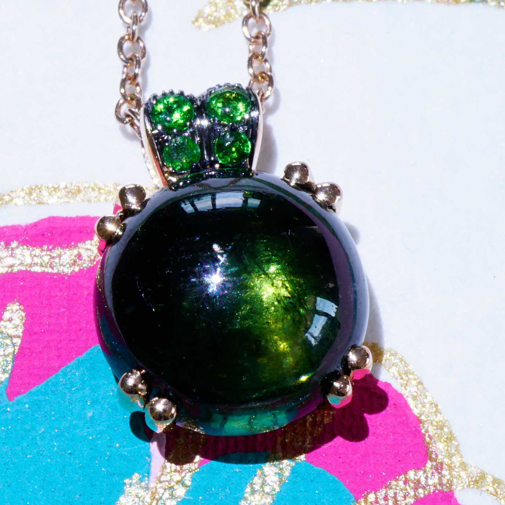 Tourmaline Tsavorite Pendant with Chain 750 Rose Gold... Bubbles.. round Gemstone Cabochons to fall in Love with