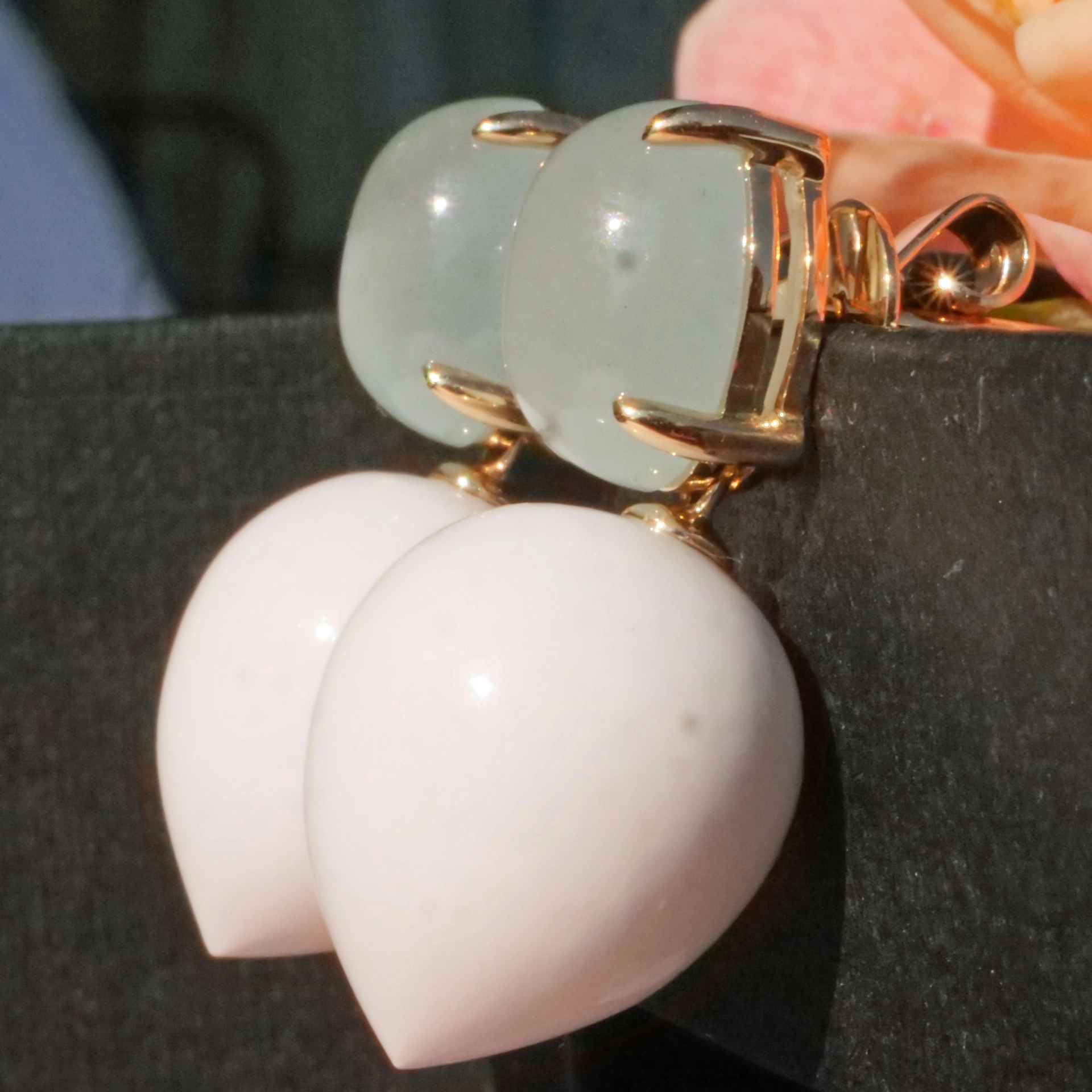Cacholong Aquamarine Earrings 14 kt Yellowgold....Sky and Snow