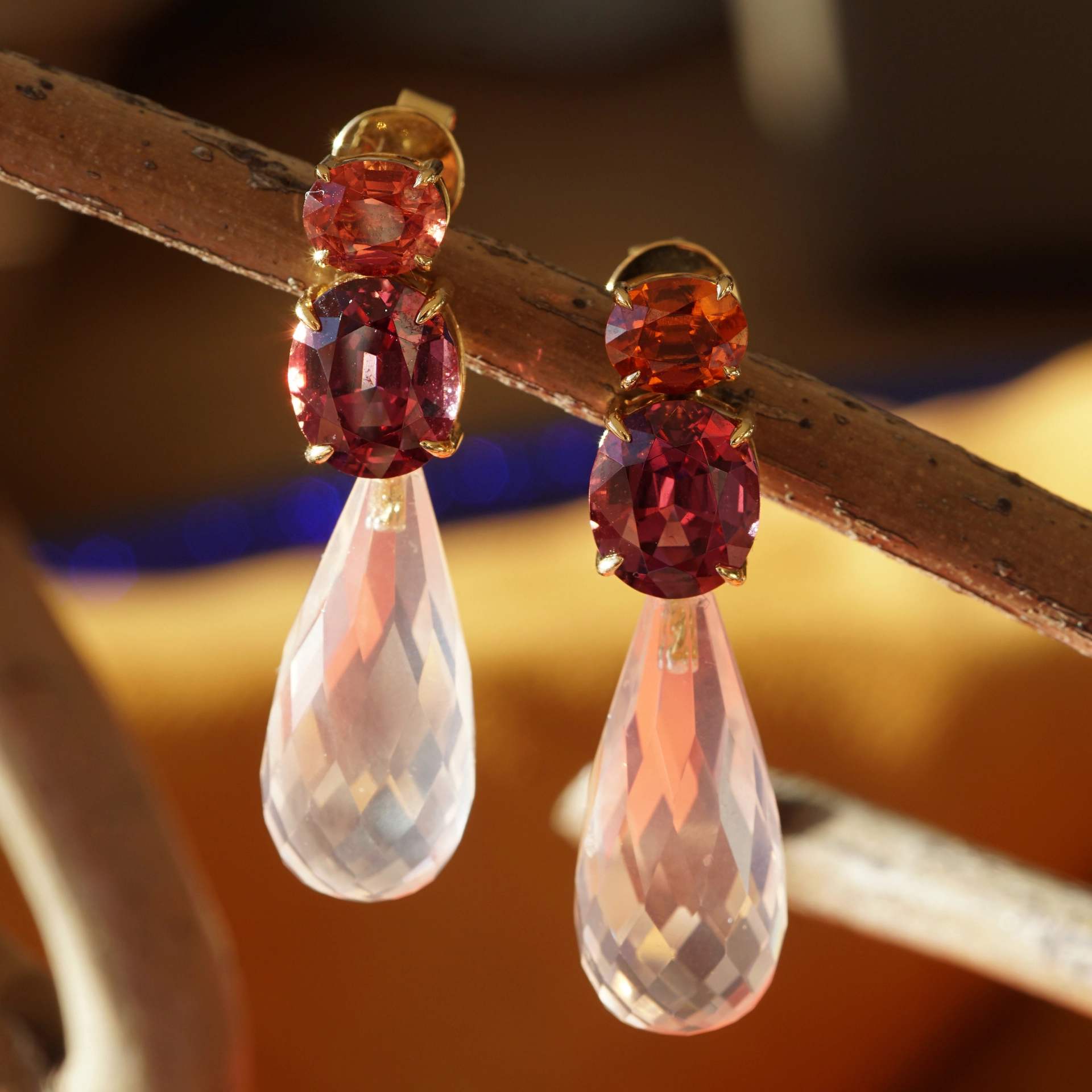 Spinel Rhodolithe Earrings 18 kt Yellow Gold ....magnificent
