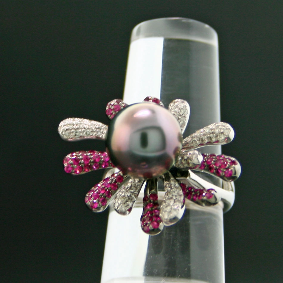 Tahiti-Zuchtperl-Rubin-Brillant-Ring, 750er Gold, 18 kt Weißgold