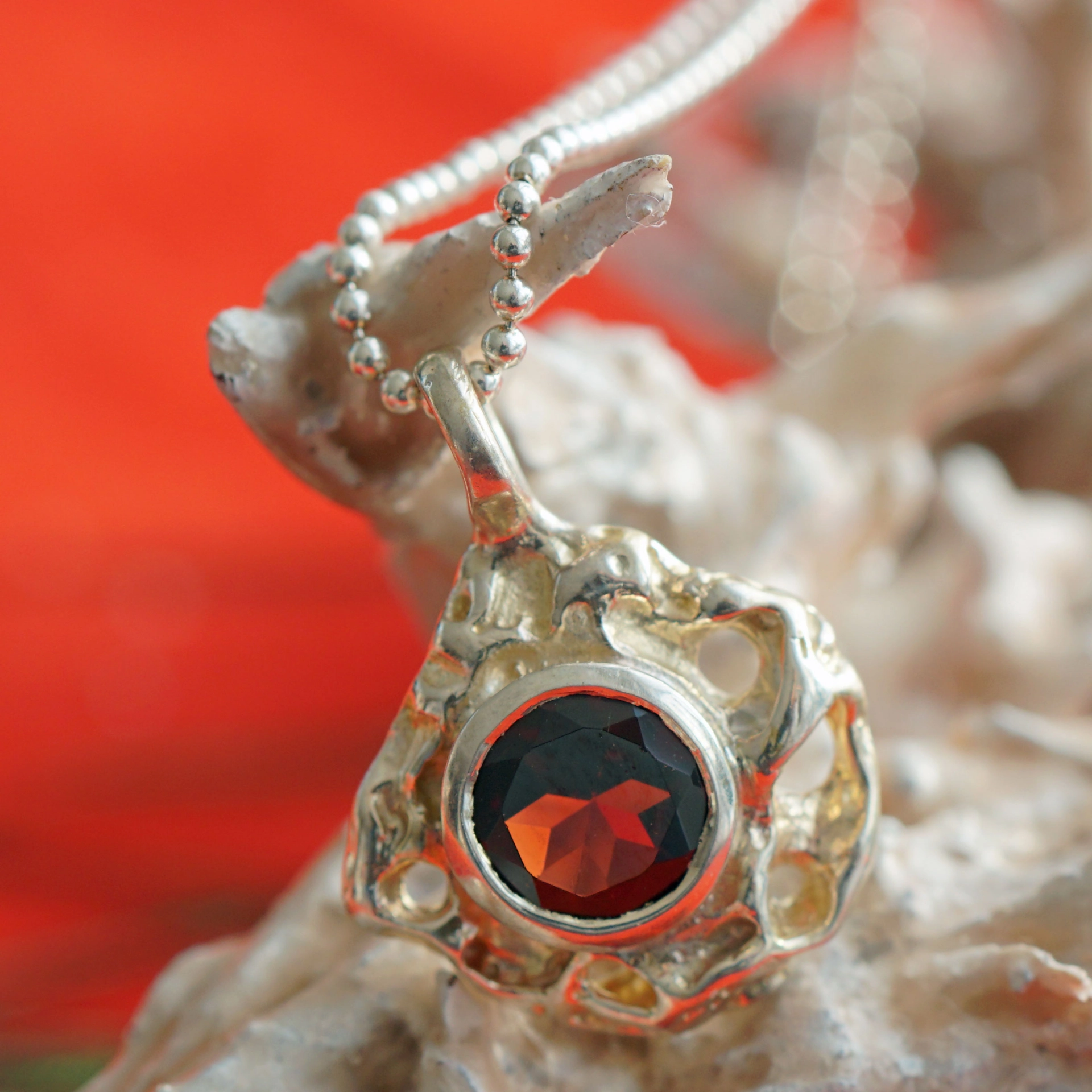 Granat Rochenleder Set in 925er Silber Ring und  Armreif Handarbeit massiv