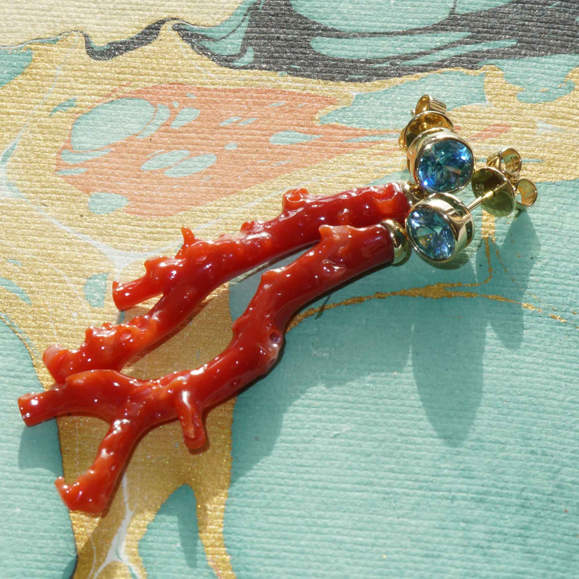 Coral Branch Blue Zircon Earrings 585 Yellow Gold... Immerse yourself in the world of the seas 2.35 ct 20 ct