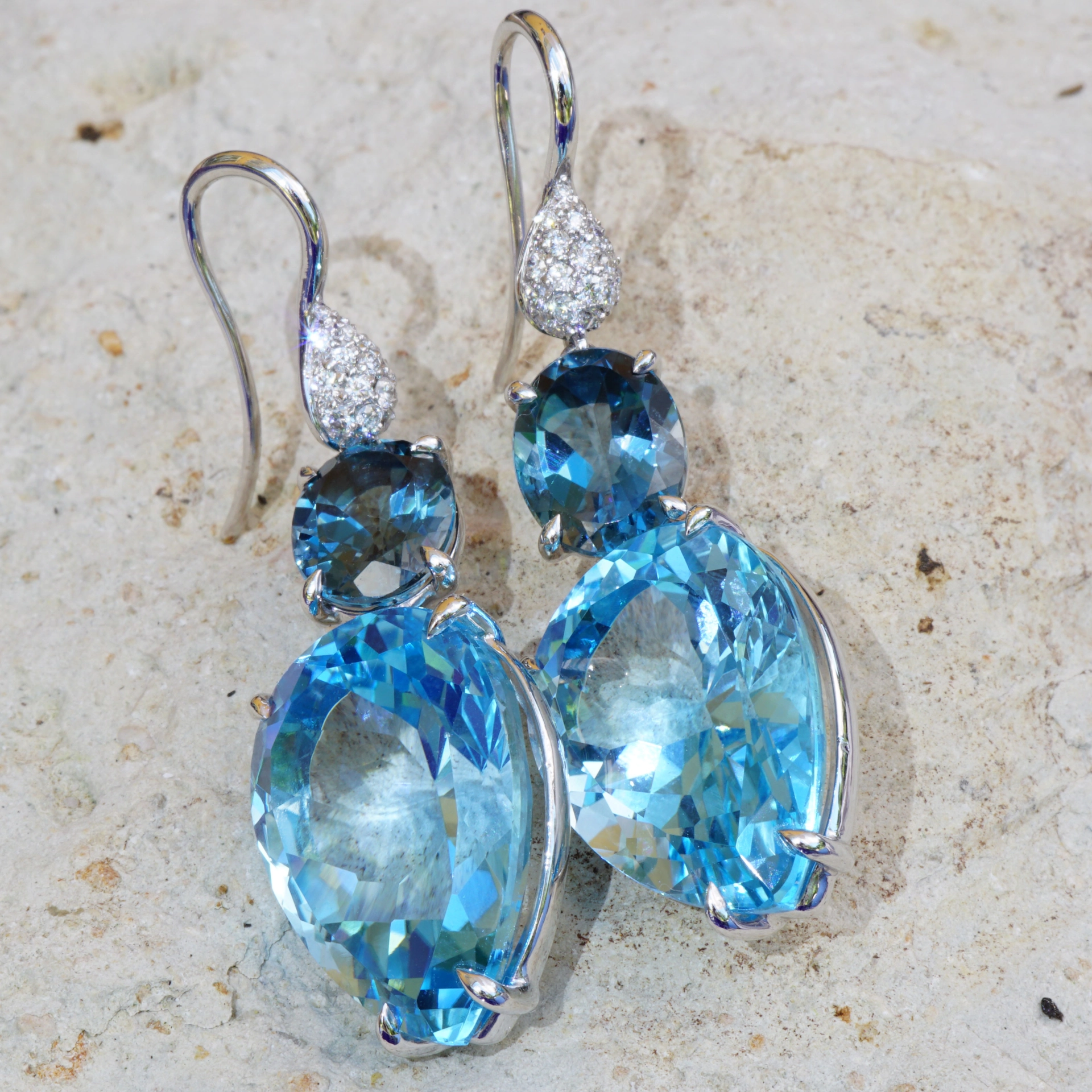 Bluetopaz Diamond Earrings...Italy Sea Blue...18 kt Whitegold amazing