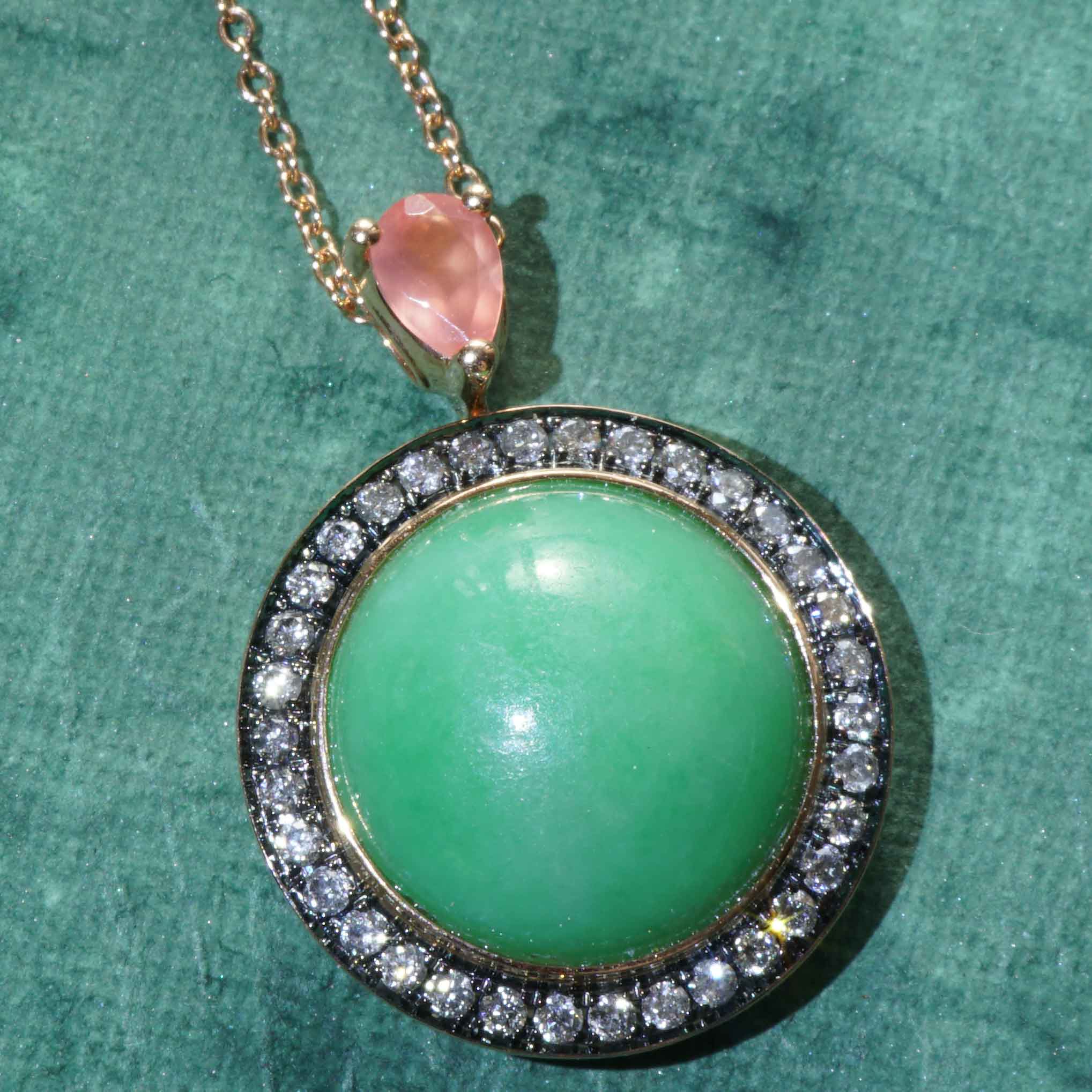 Jade Rhodochrosite Brilliant Pendant with Chain 750 Rose Gold Genuine Natural Jade with Certificate