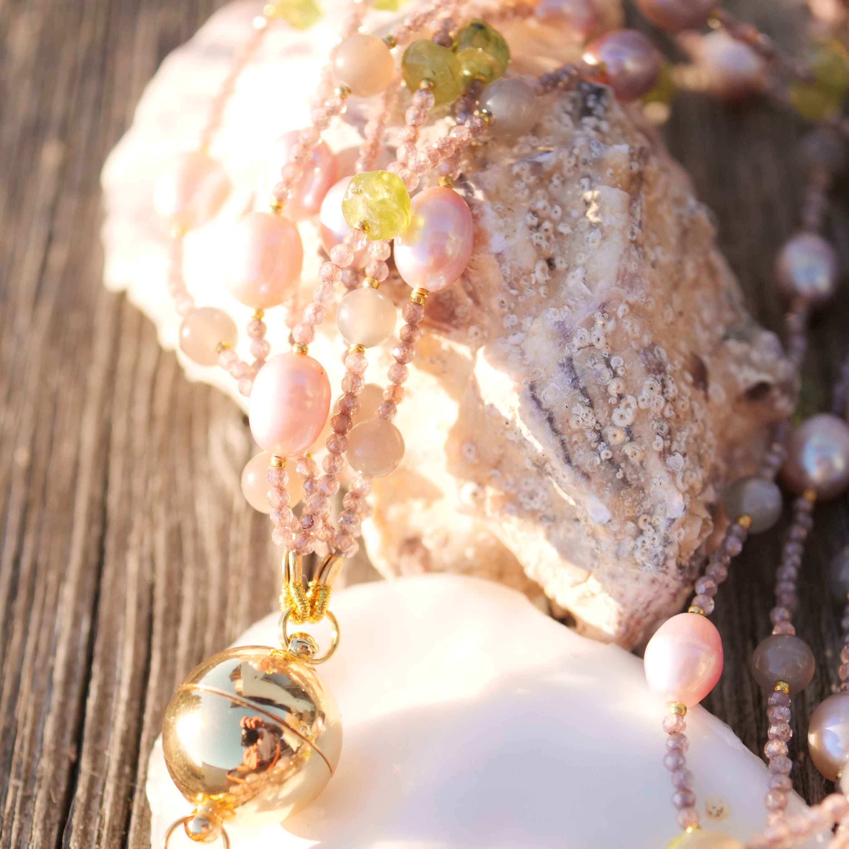 Turmalin Peridot Mondstein Perl Collier mit Magnetschliesse in vergoldet 49,5 cm 7-reihig 