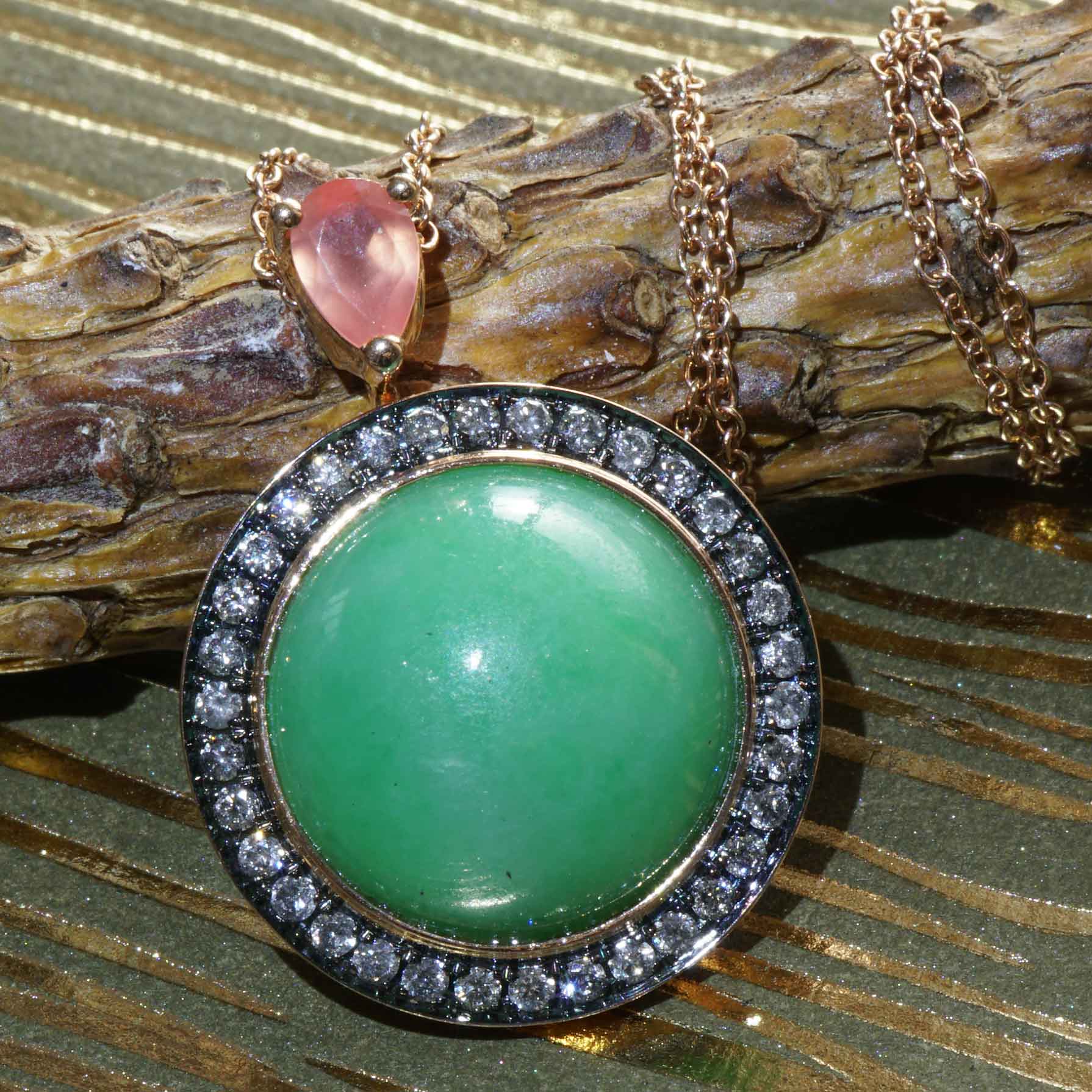 Jade Rhodochrosite Brilliant Pendant with Chain 750 Rose Gold Genuine Natural Jade with Certificate