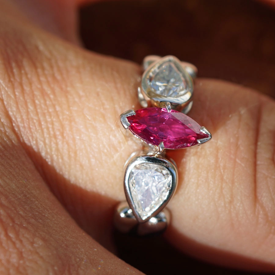 Ruby Brilliant Drop Ring in 900 Platinum AAA 0.96 ct 2x 0.465 ct W flawless