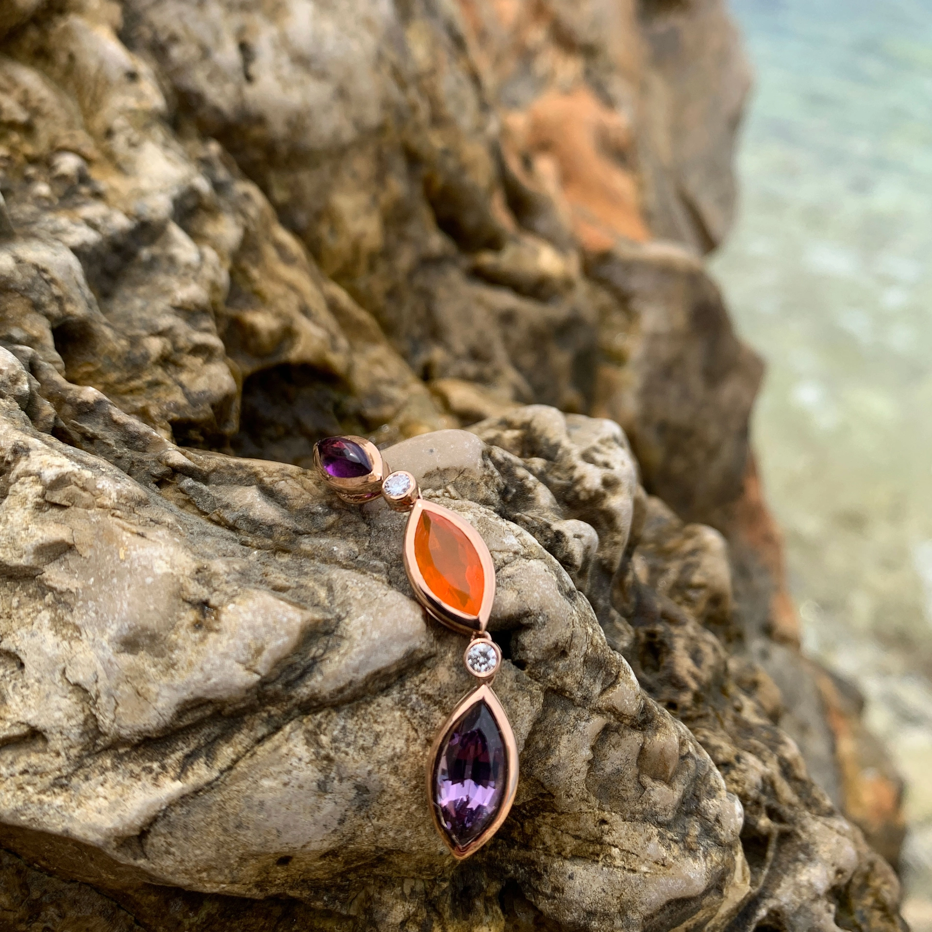 Spinel fire opal amethyst pendant 750 rose gold with brilliants..Hallelujah