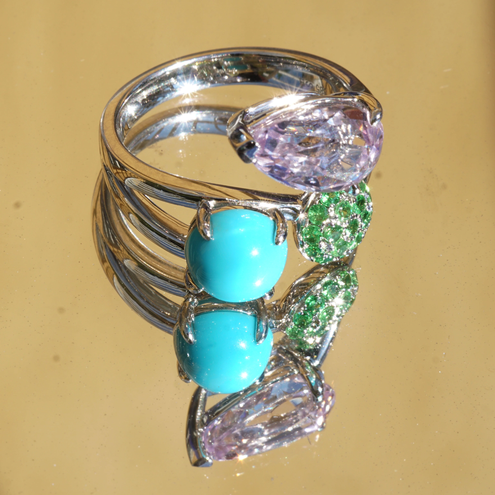 Kunzite Turquoise Tsavorite Ring 585 Whitegold 4.33 ct Day at Sea