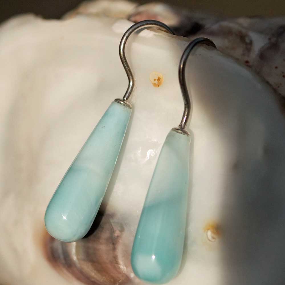 Larimar Pampel earrings with large ear hooks, 585 gold rhodium plated, 36.5 x 7 mm