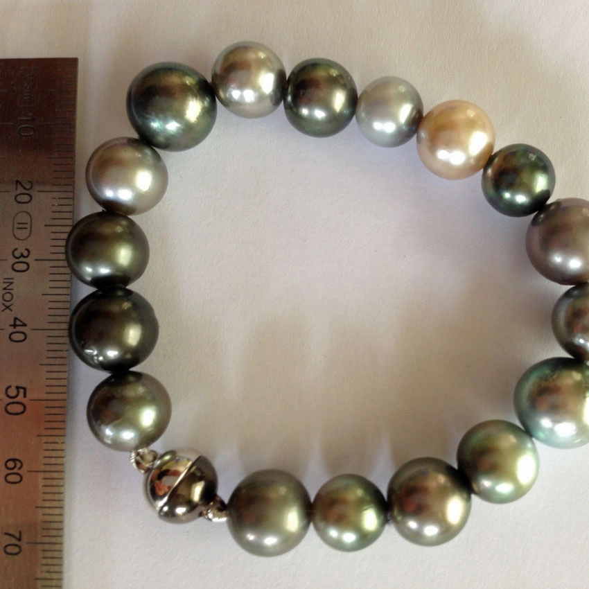 Tahiti-Zuchtperl-Armband, Magnetverschluß,Silber/Ruthenium