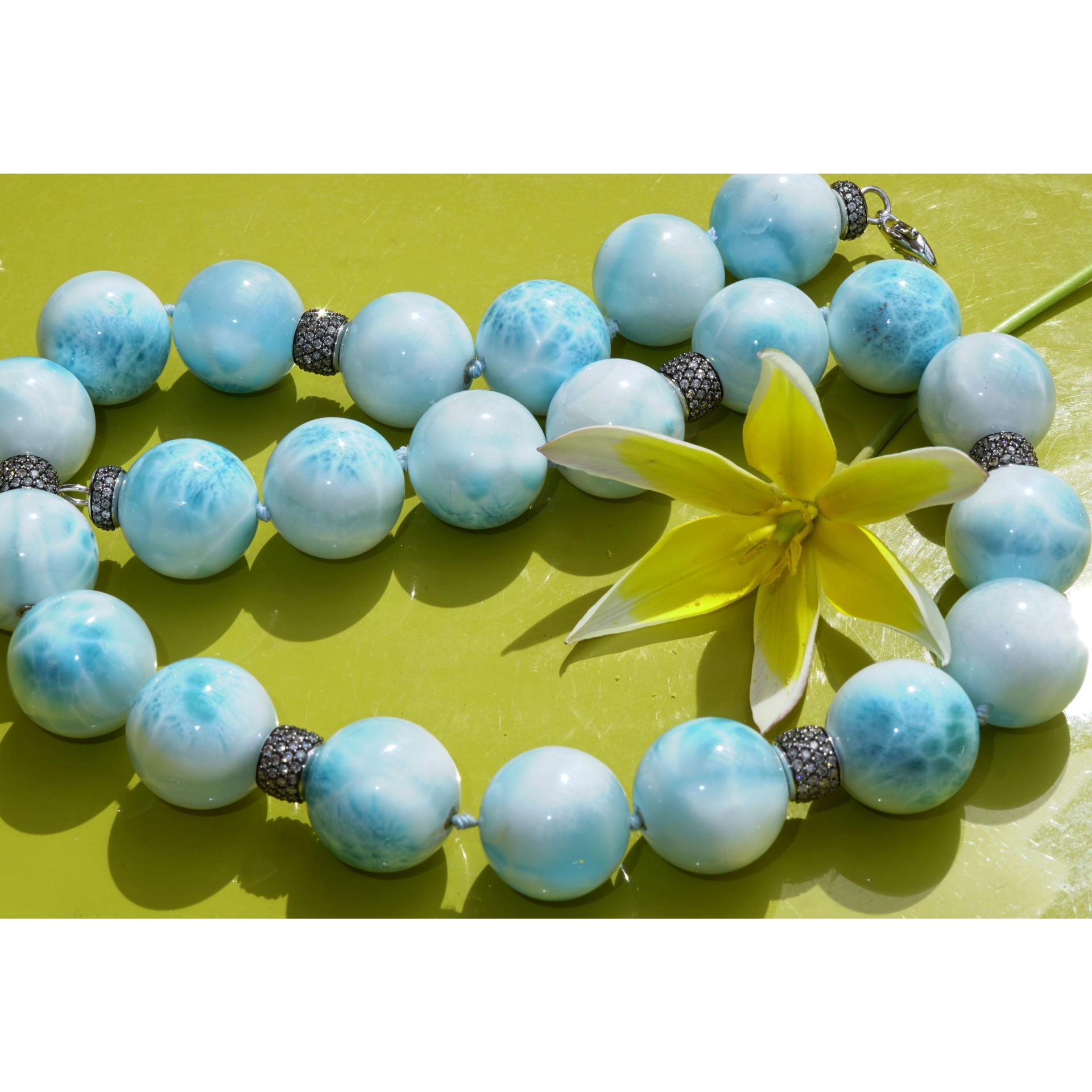 Larimar Ball Necklace 18 kt Whitegold with grey Diamonds..cloudy Beauty..Highest Quality