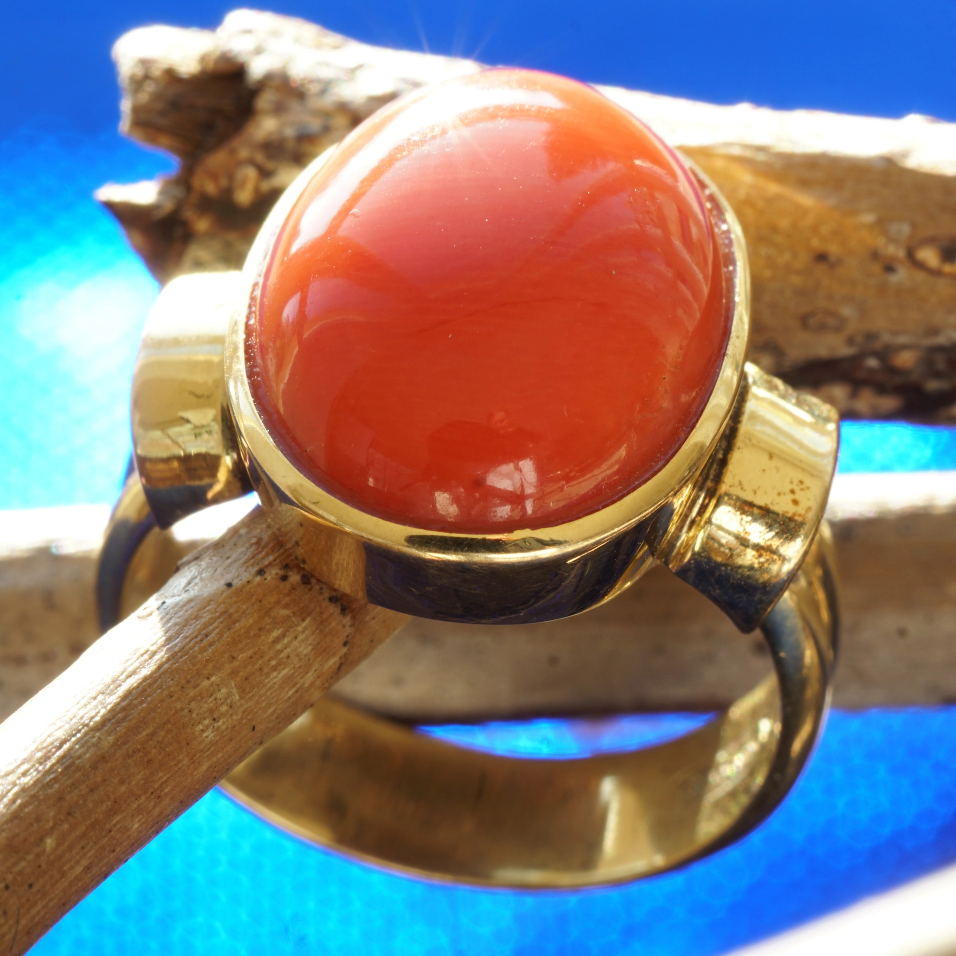 Sardegna Korall Ring 585er Gelbgold Vintage Mittelmeer Koralle 60er Jahre
