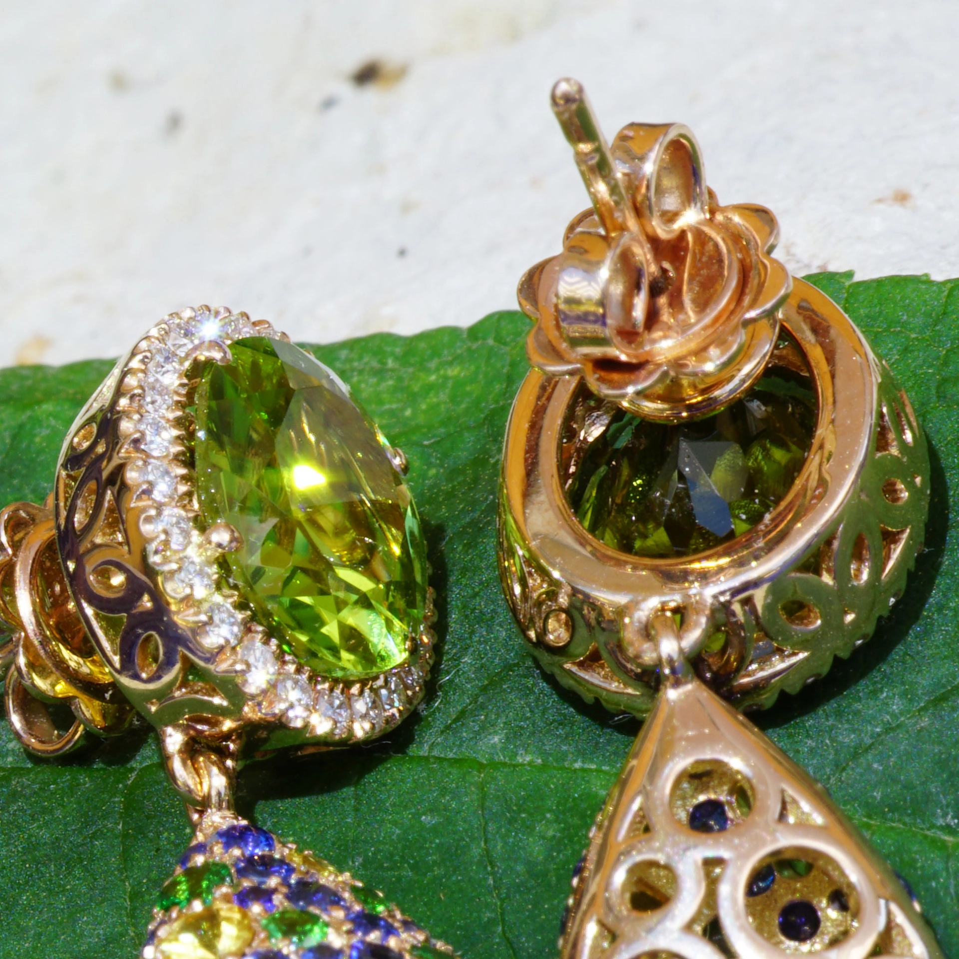 Peridot Saphire Diamond Earrings....18 kt Rose Gold....the most beautiful Color of the Day