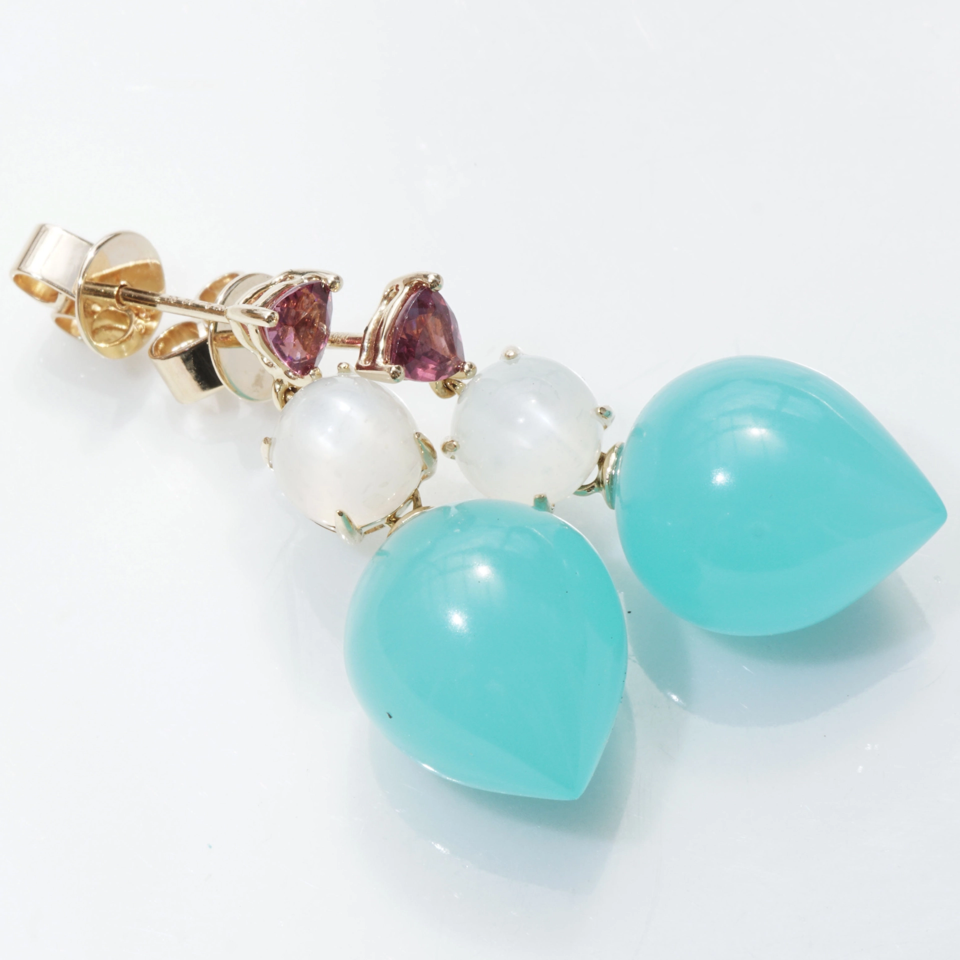 Beautiful Paraiba Blue Calzedon Rhodolite Moonstone Earrings 14 kt Yellow Gold