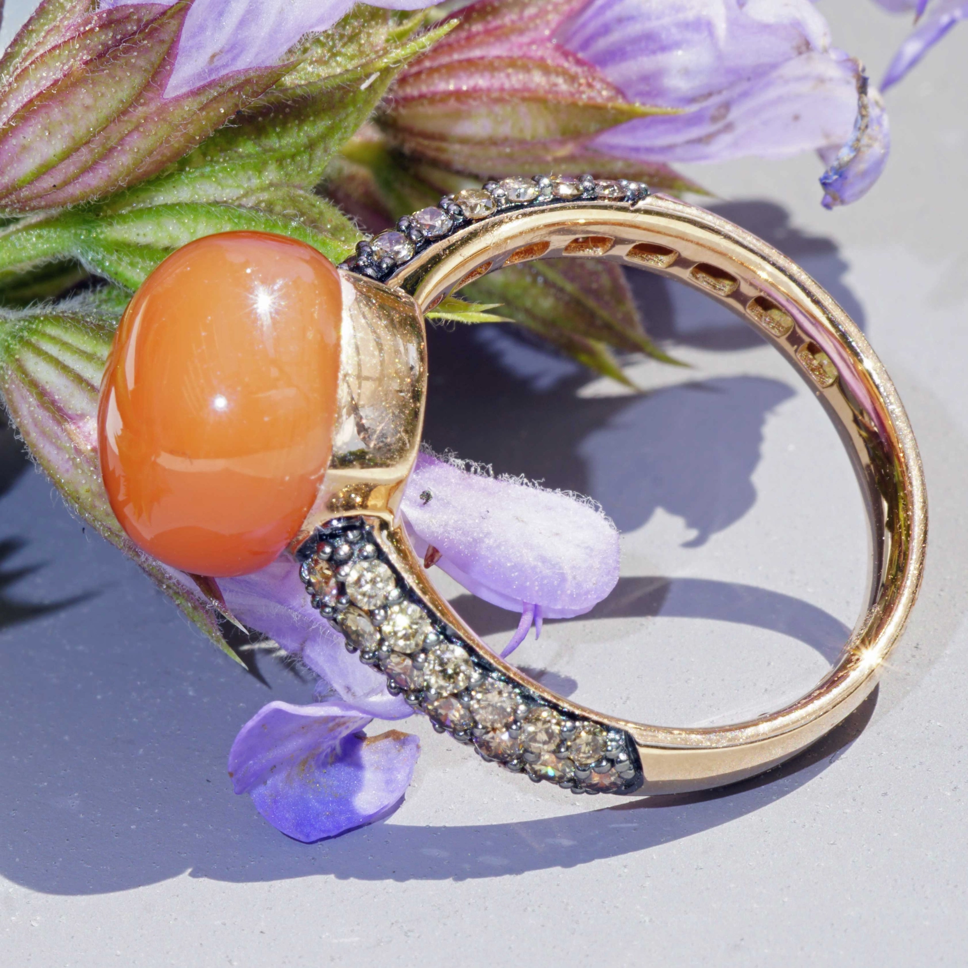Moonstone Brilliant Ring 750 Rose Gold 7.30 ct 0.68 ct..elegant Winter Colors..liquid Impressions
