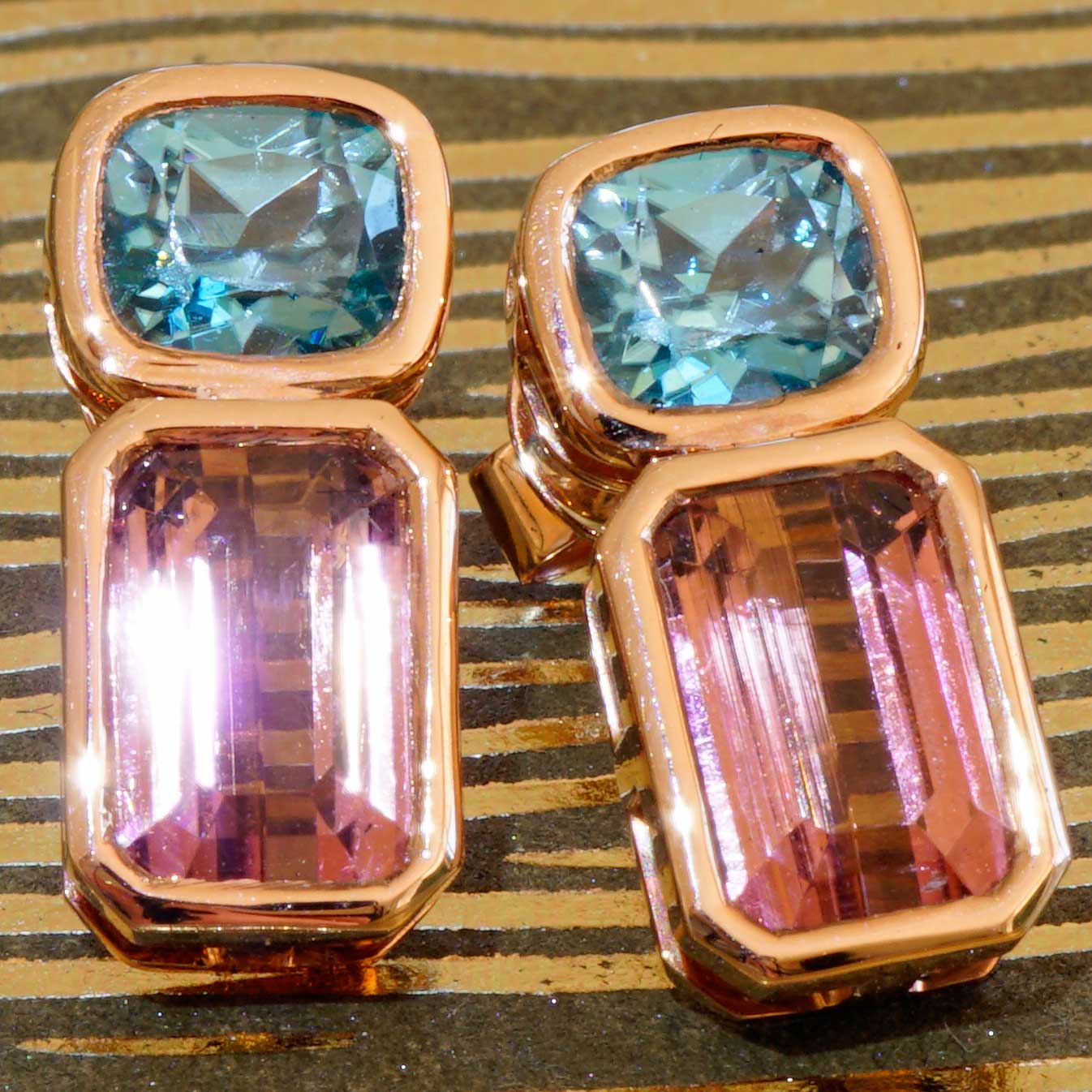 Blue Zirkon Tourmaline Ear Studs 18 kt Rose Gold....such a exquisite Color Combination