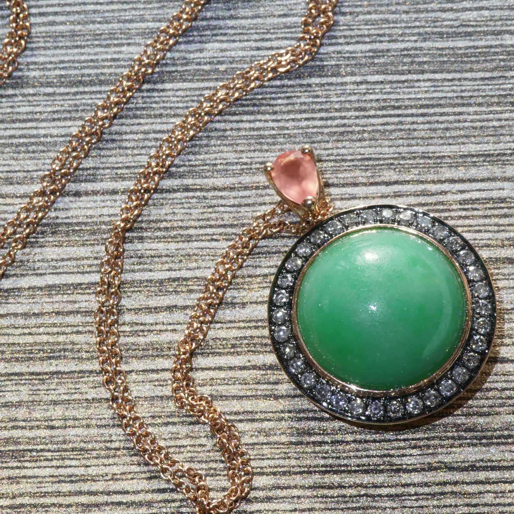 Jade Rhodochrosite Brilliant Pendant with Chain 750 Rose Gold Genuine Natural Jade with Certificate