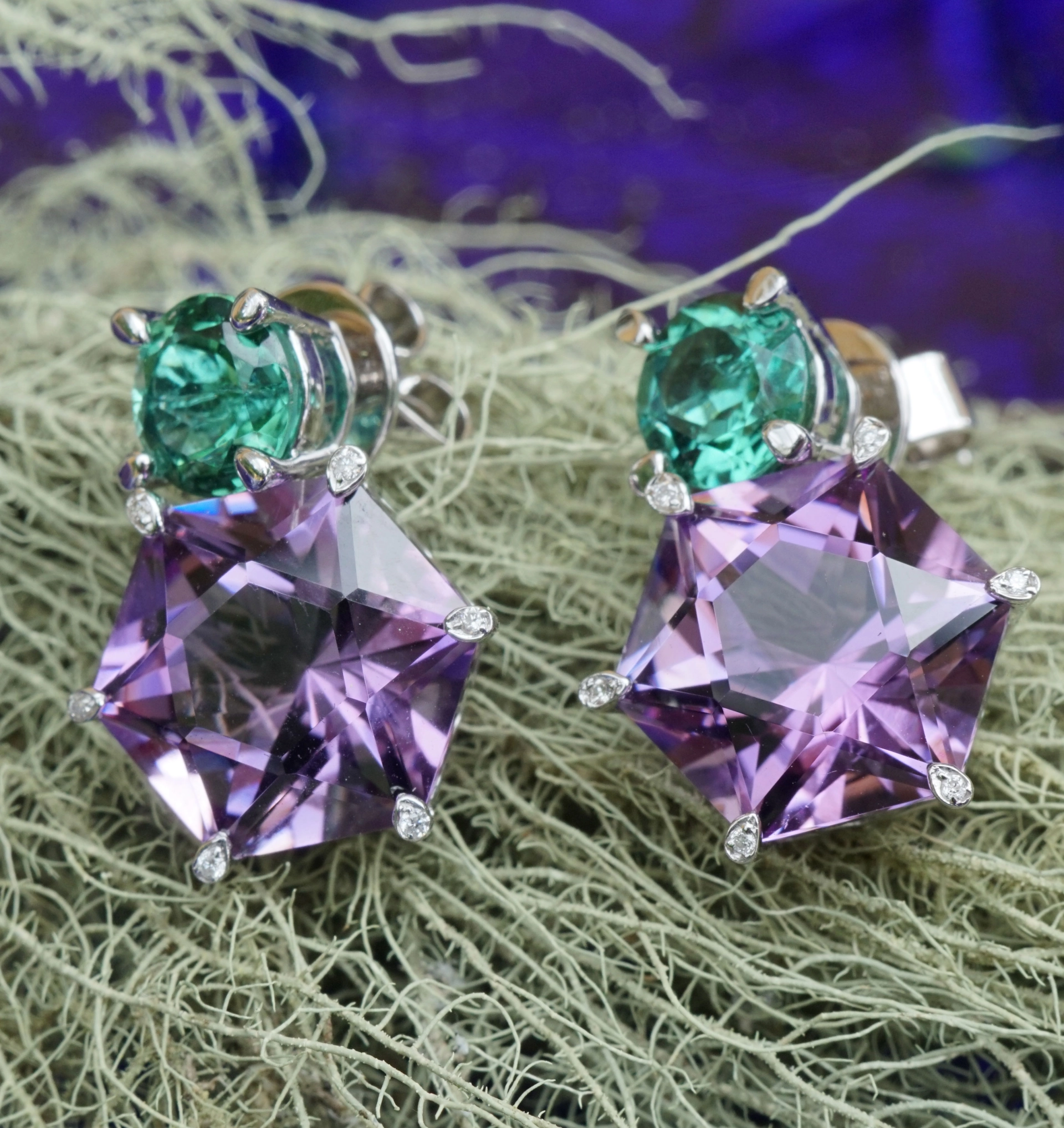 Amethyst Turmalin Ohrstecker 750er Gold 10 CARAT HÖCHSTE SCHLIFFGÜTE
