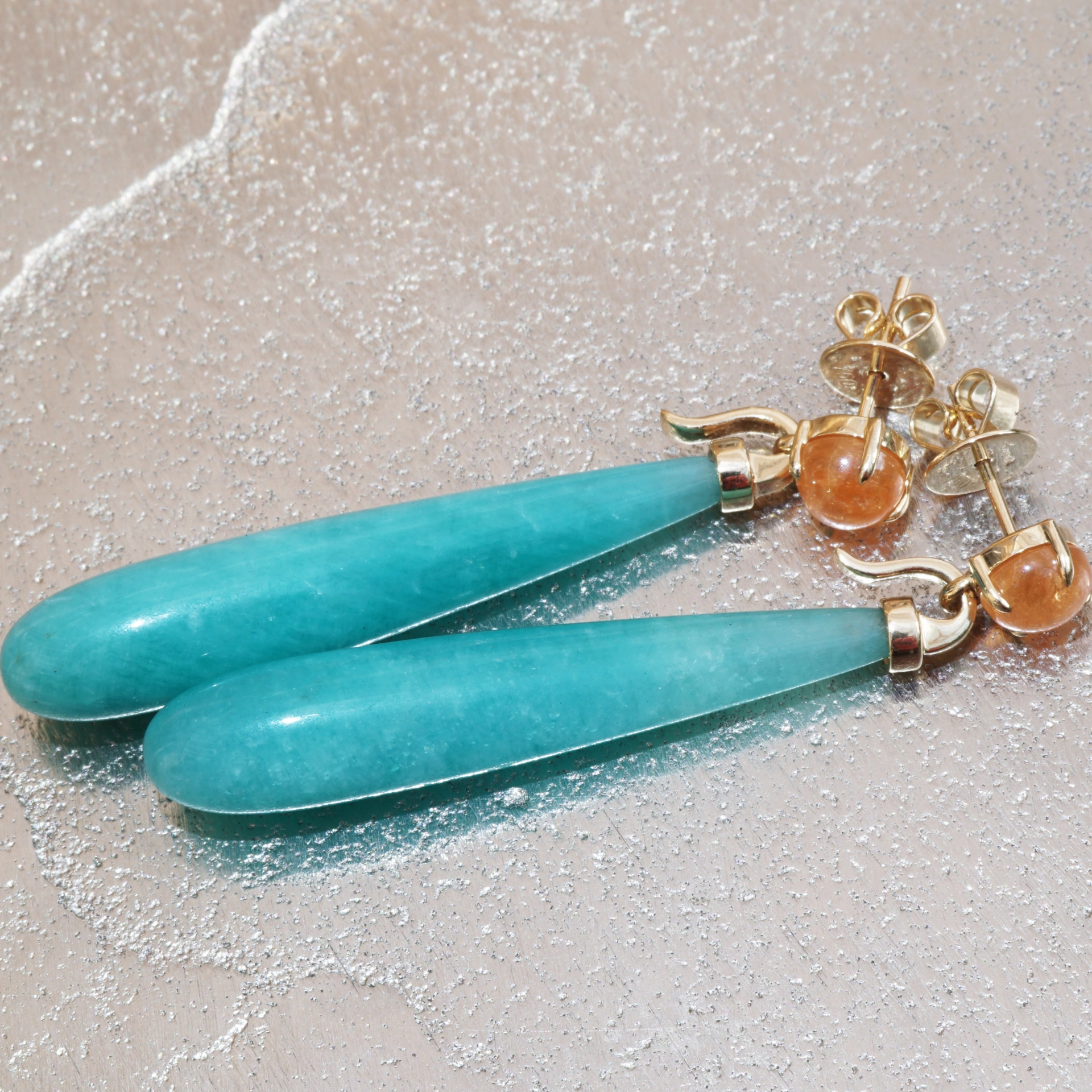 Mandarin Garnet Amazonite Earrings 18 kt Yellowgold...such a Fun 