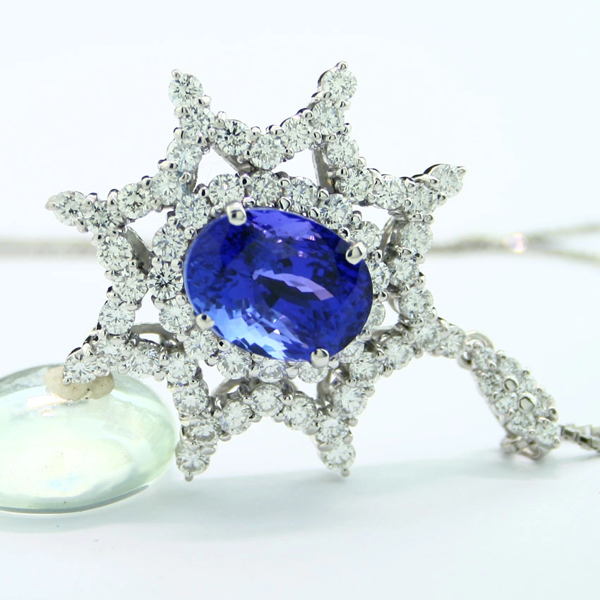 Tansanit-Brillant-Anhänger in 900/-Platin mit Kette in 850/-Platin